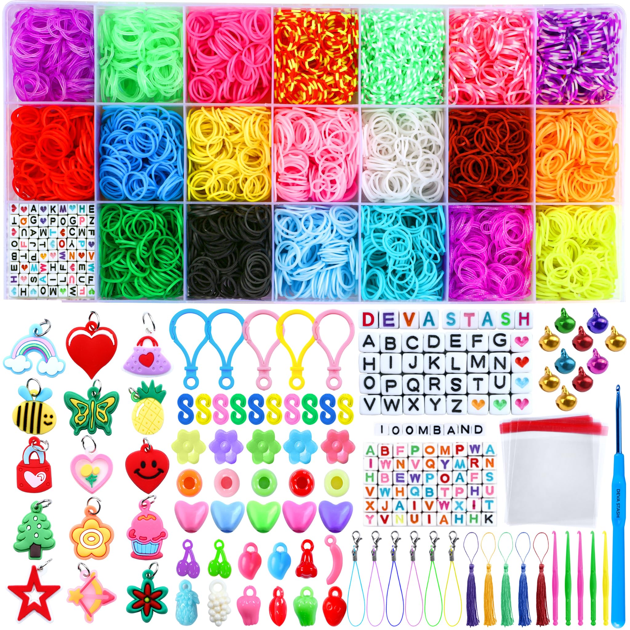 Deva Stash Girls Multicolours Loom Bands Kit, 20 Colours Loom Band Kits For Includes Clips, Charms, Diy Friendship Bracelet Making Kits, Craft Kits, Perfect Birthday (5500 Pack (Master Kit))