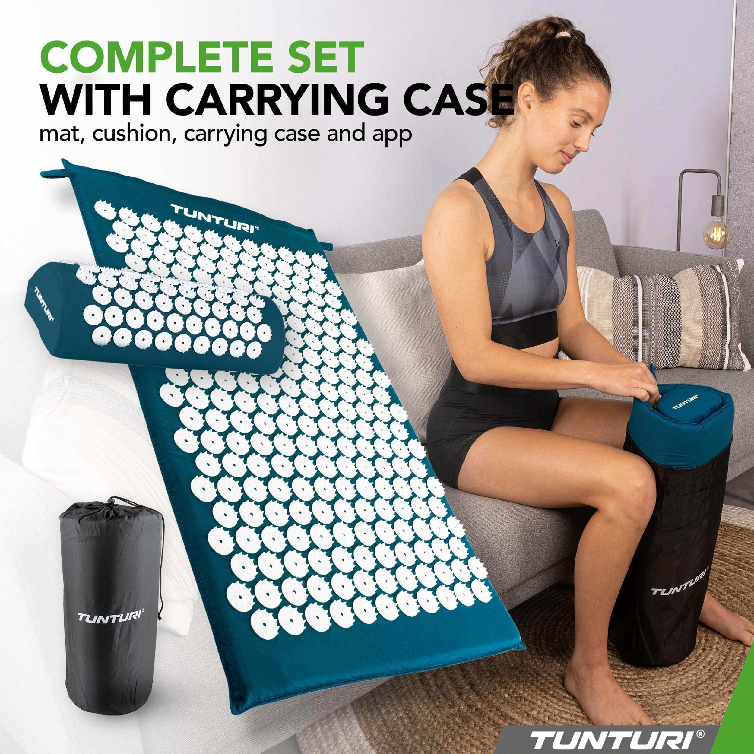 Tunturi Tappetino per agopressione con cuscino, tappetino per agopuntura, per schiena, collo, piedi, tutto il corpo, 2 in 1, tappetino per agopressione, anti-stress, 68 x 42 x 2 cm, blu petrolio
