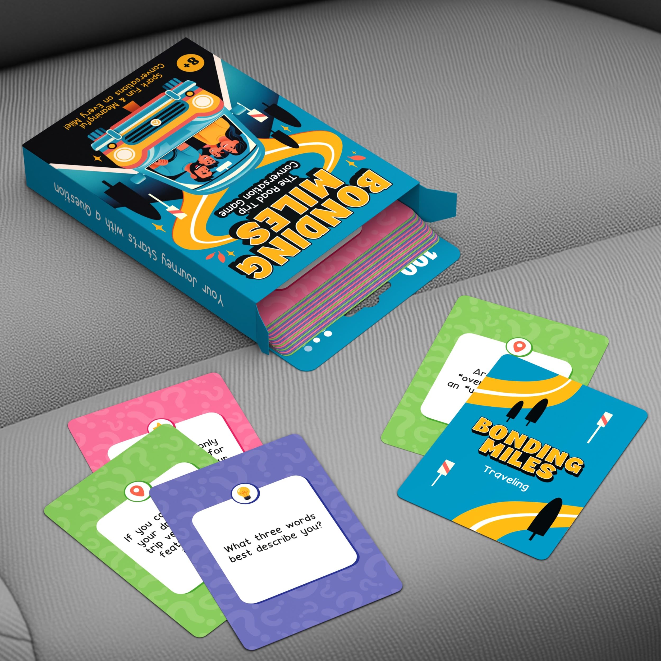 WELL BALANCED Bonding Miles - Juego de cartas de conversación de viaje por carretera para niños, adolescentes y adultos, juego de coche, artículos esenciales de viaje