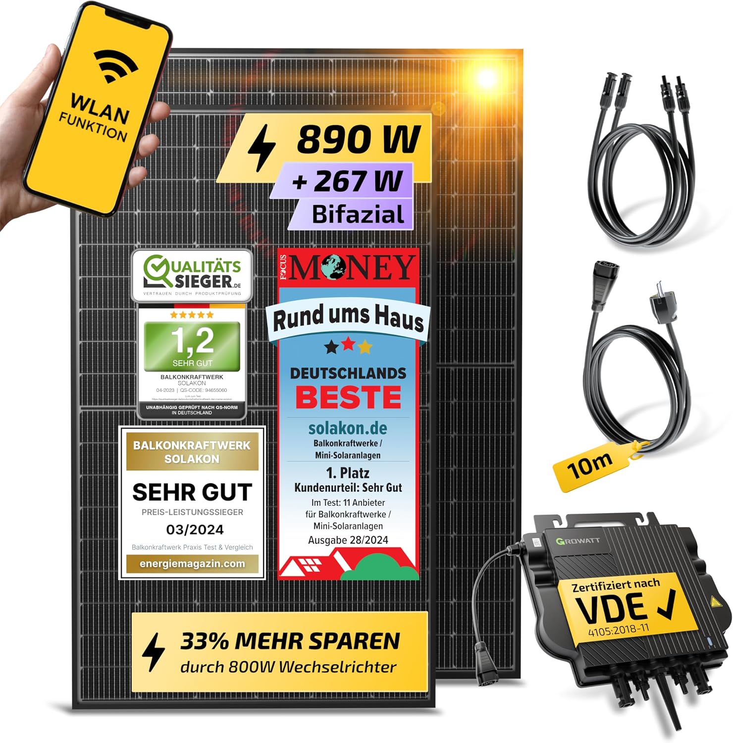 Solakon® 900W Balkonkraftwerk - Balkonkraftwerk 800W komplett Steckdose - neuester 800 Watt Wechselrichter - Solaranlage Komplettset - 450W bifaziale Solarmodule inkl. Zubehör - 10m Kabel