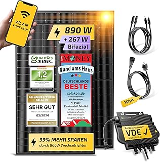 Solakon® 900W Balkonkraftwerk - Balkonkraftwerk 800W komplett Steckdose - neuester 800 Watt Wechselrichter - Solaranlage Komplettset - 450W bifaziale Solarmodule inkl. Zubehör - 10m Kabel
