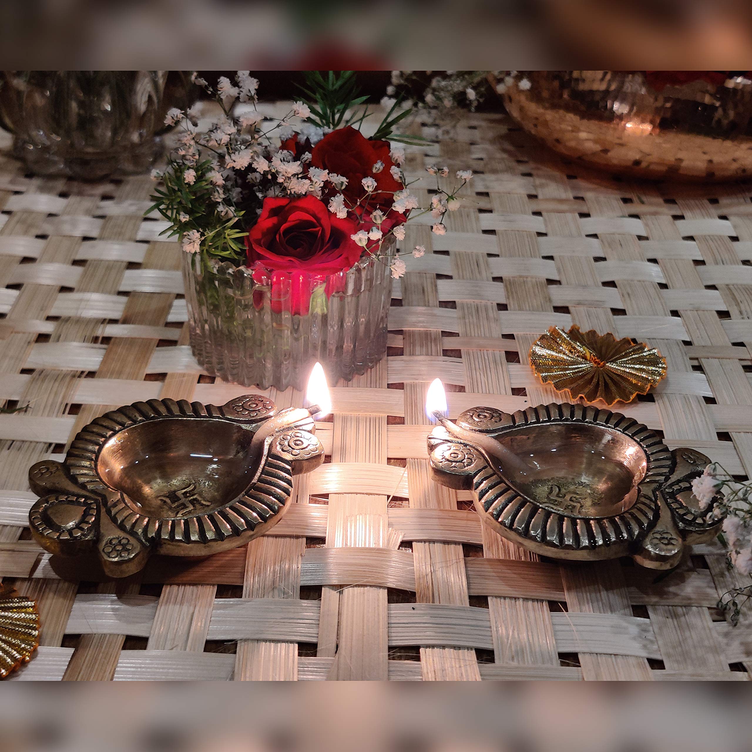 Divya Mantra Swastik Laxmi Brass Diya Indian Diwali Oil Lamp Pooja Light Puja Decorations Mandir Decoration Items Handmade Table Home Backdrop Decor Lamps Made in India Decorative Diyas - Gold (4) - Image 6 thumbnail