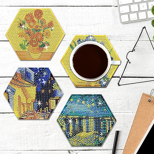 Miniatura 3 de NUFTVI Van Gogh - Juego de posavasos de pintura de diamantes con soporte, kit de posavasos de arte de diamante de cristal completo 5D para adultos.