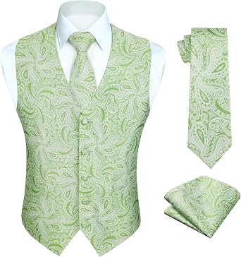 HISDERN Mens Vests Dress Suit Vest for Men Green 3pc Waistcoat & Tie Pocket Square Sage Green Paisley Vest Suit Tuxedo Formal Set Wedding Party