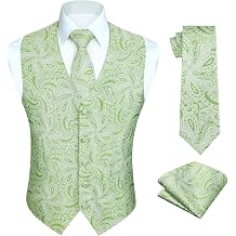 HISDERN Mens Vests Dress Suit Vest for Men Green 3pc Waistcoat & Tie Pocket Square Sage Green Paisley Vest Suit Tuxedo Formal Set Wedding Party