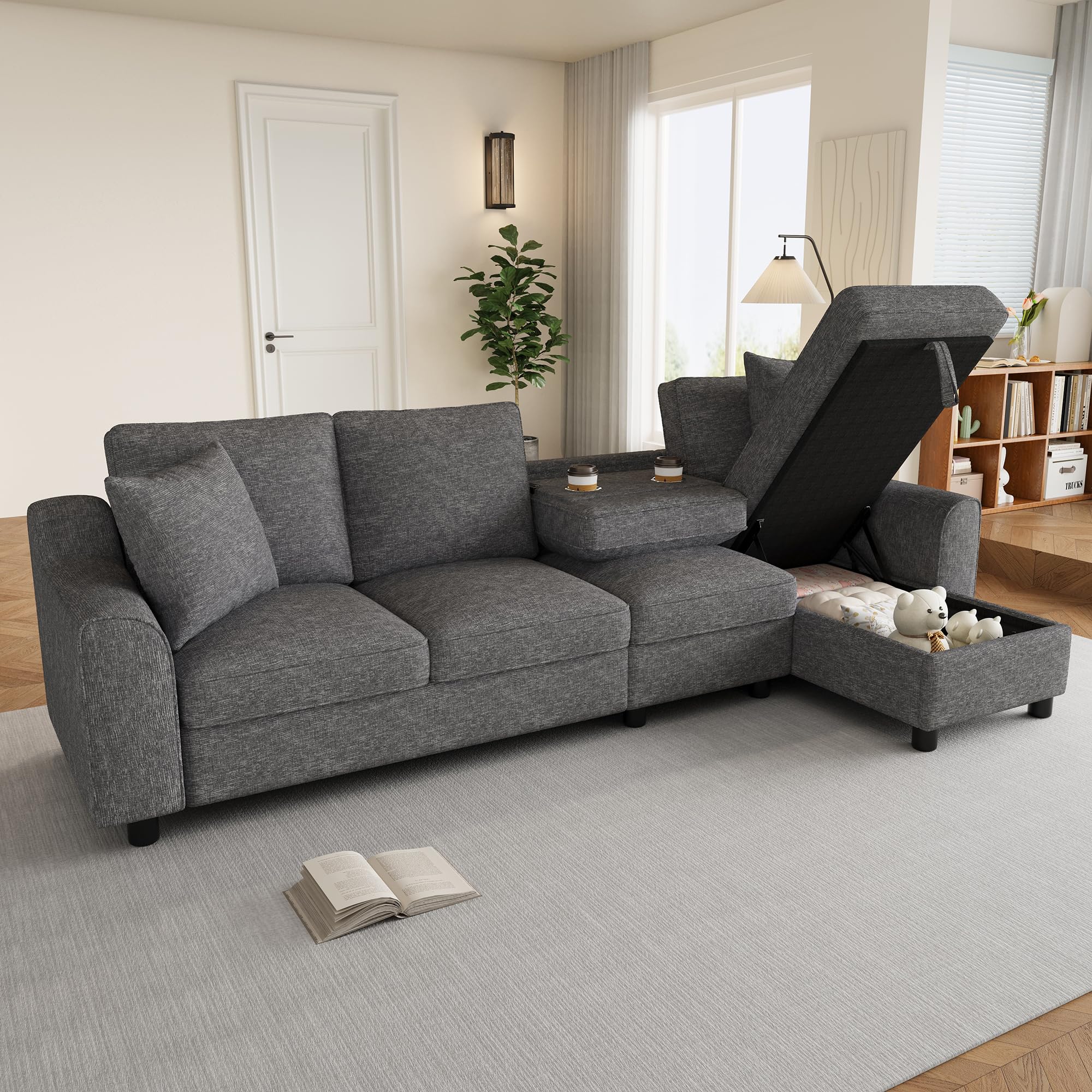Moimhear Moderno sofá de chenilla L, 3 plazas + chaise longue con almacenamiento, respaldo plegable con soporte para bebidas, 280 x 136 x 82 cm (gris)
