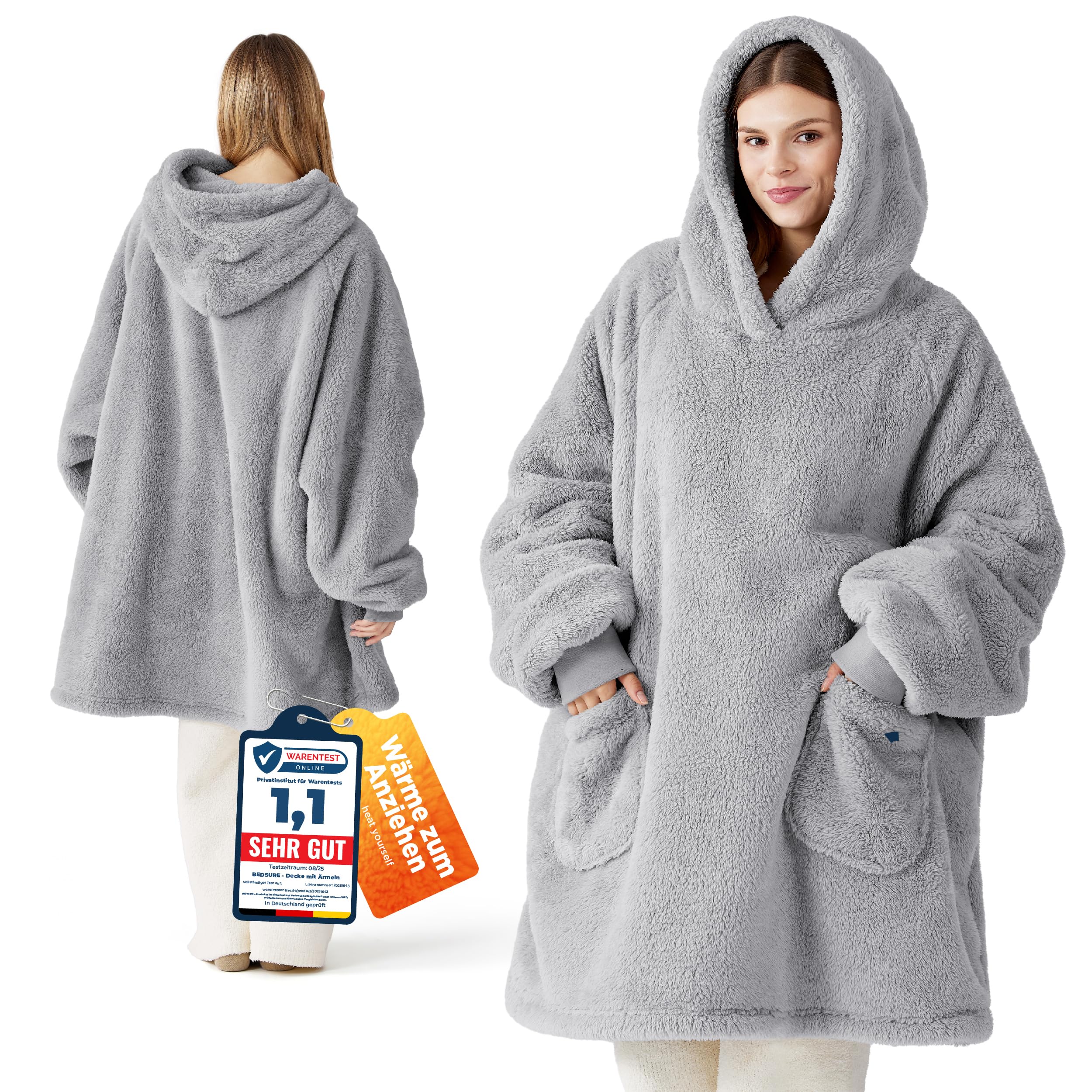 BEDSURE Hoodie Decke mit Ärmeln - Kuschelpullover als Geschenke für Frauen - Tragbare Decke zum Anziehen Erwachsene Kuscheldecke mit Ärmeln Weich Warm Geschenke für Freundin Mütter, Grau 95x85 cm