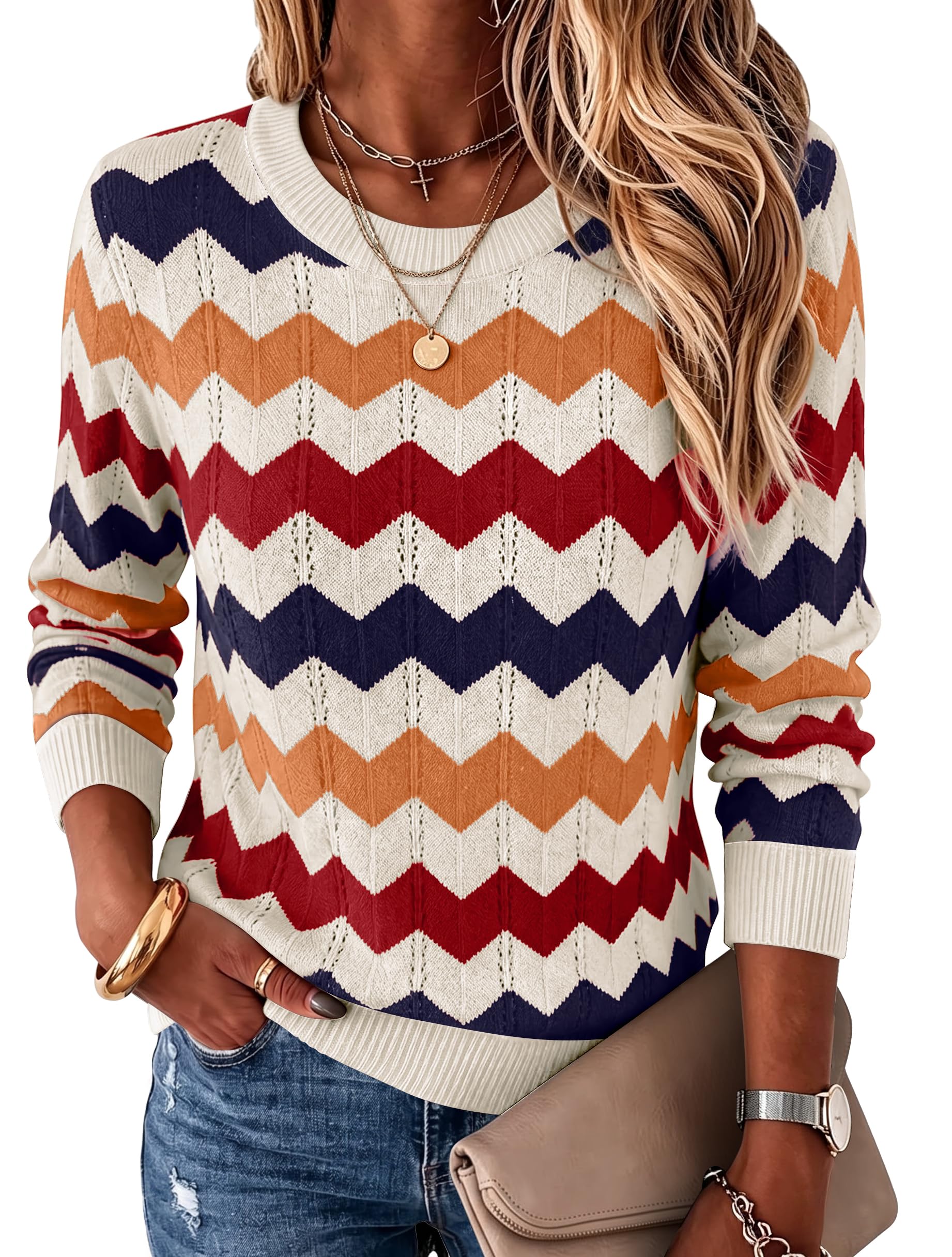 Womens Sweaters Crew Neck Long Sleeve Casual Fall Outfits Fashion Clothing | Fall Tops for Women,Business Casual Outfits,Long Sleeve Shirts,Lightweight,Pullover,Teacher Outfits,Work,Vacation,Striped