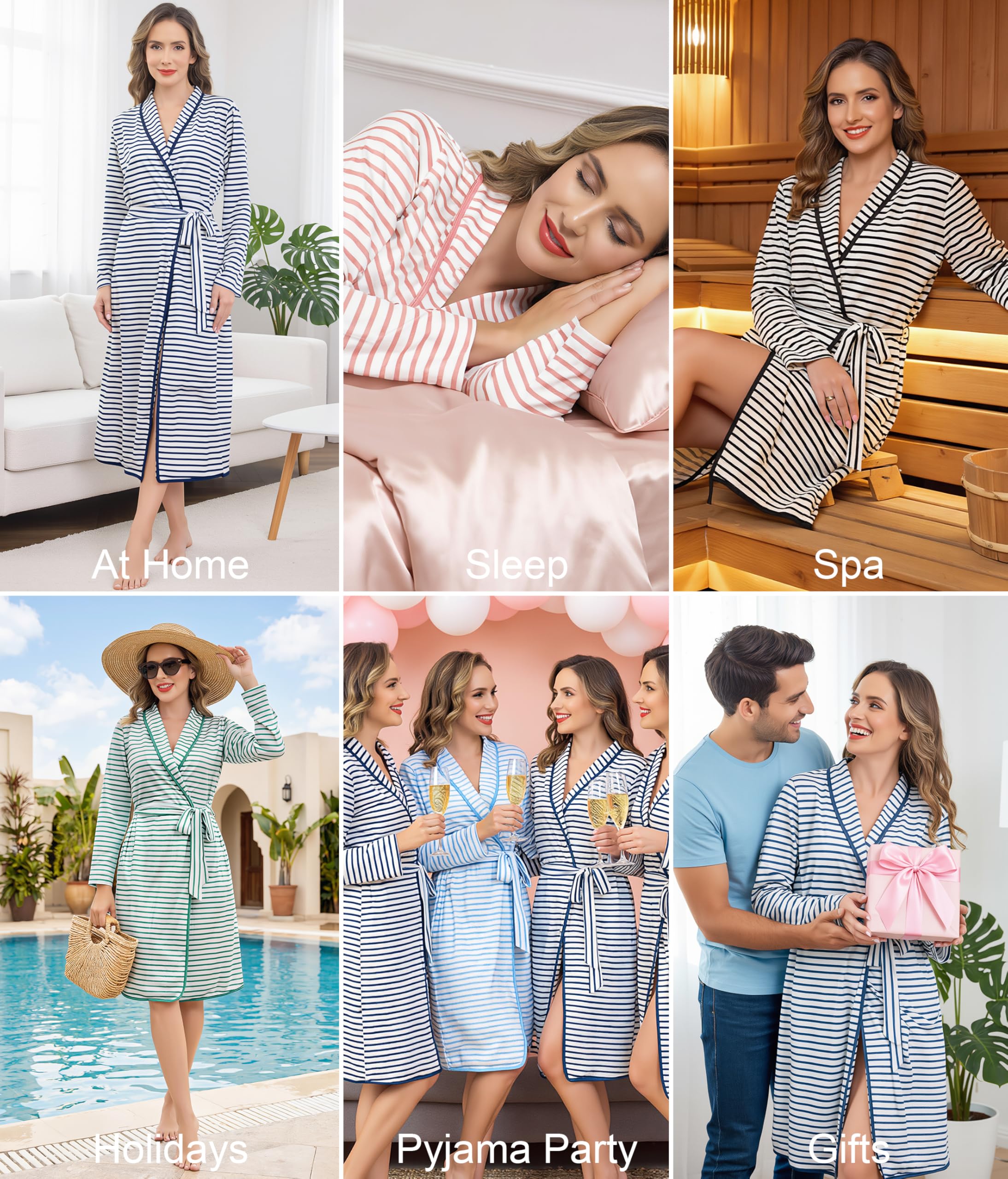 Vlazom Peignoir Femme en Coton Long à Rayures Léger et Confortable avec Ceinture Nouée
