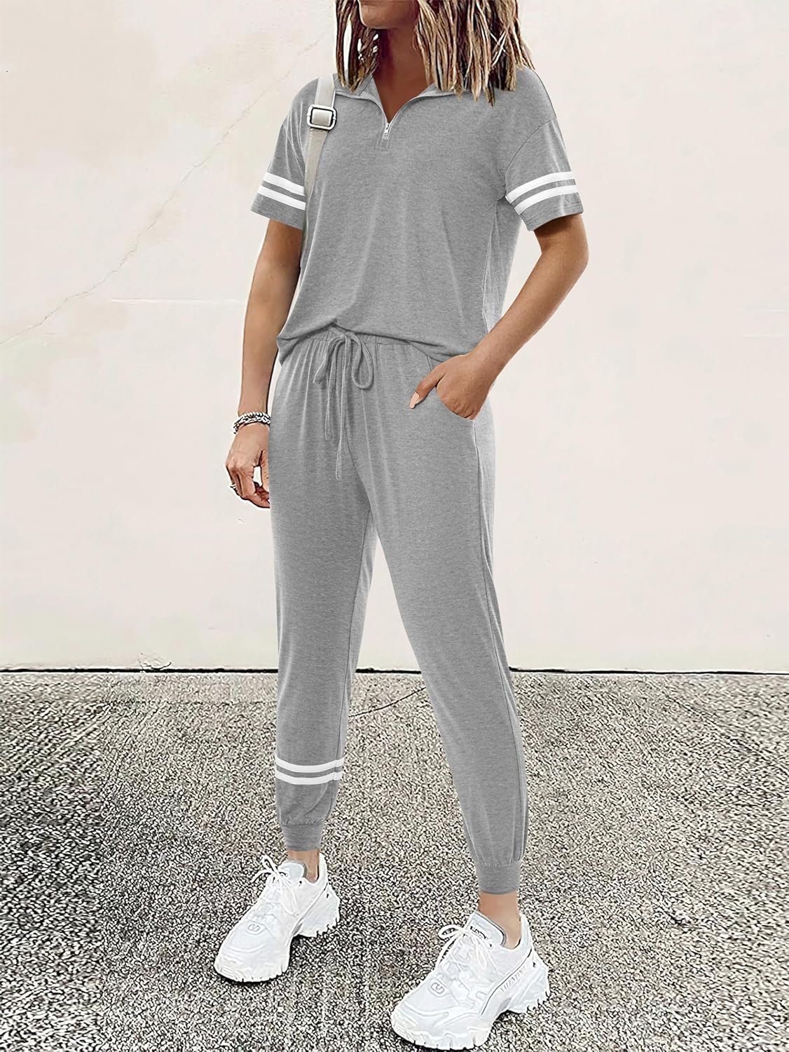 MASCOMODA 2 Piece Outfits for Women 2026 Summer Casual Quarter Zip Short Sleeve Tops Long Pants Tracksuit Jogger Lounge Sets - Image 3