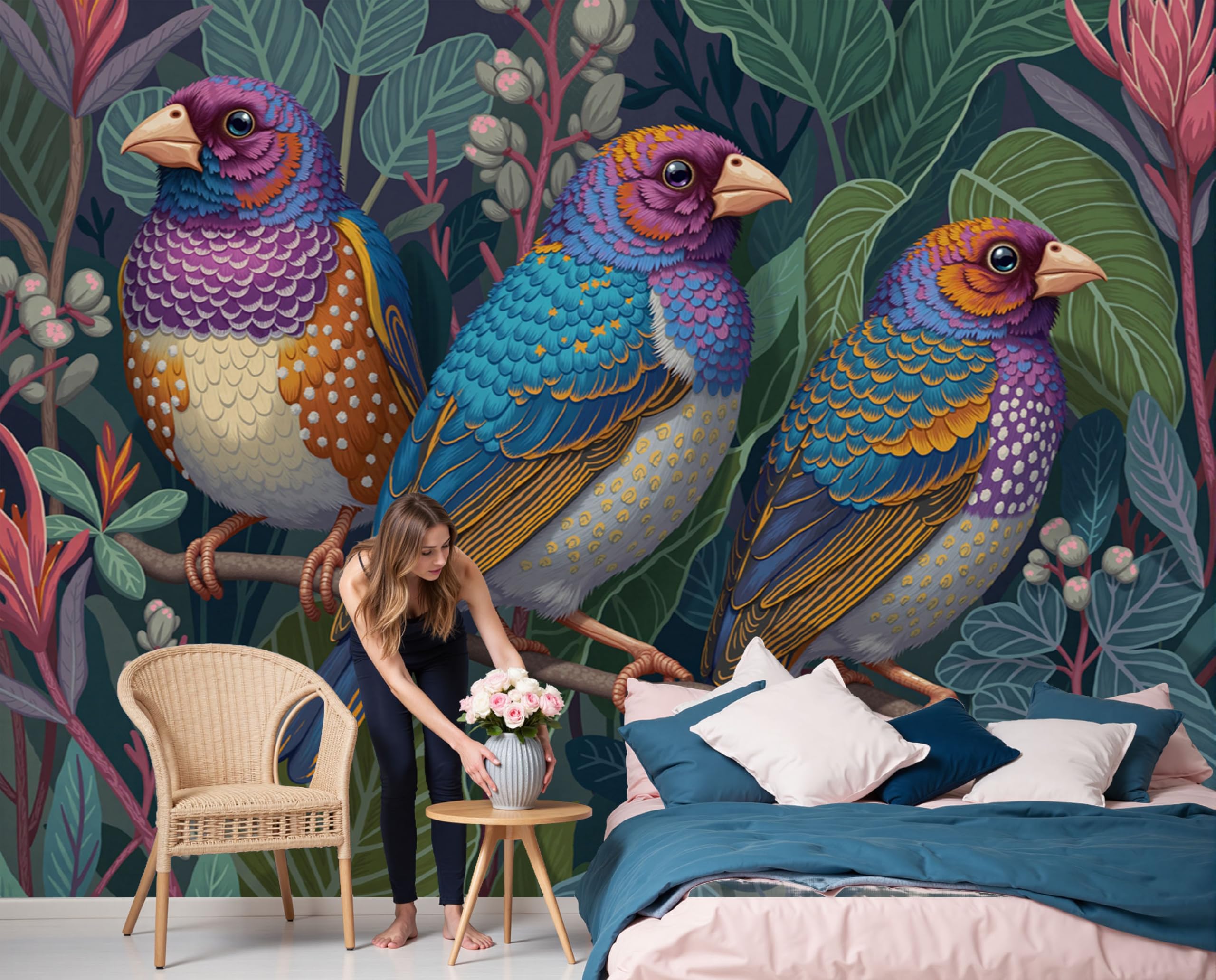 Papier Peint Panoramique 3D Oiseaux Tropicaux Tapisserie Murale Salon Chambre Enfant Bleu Vert