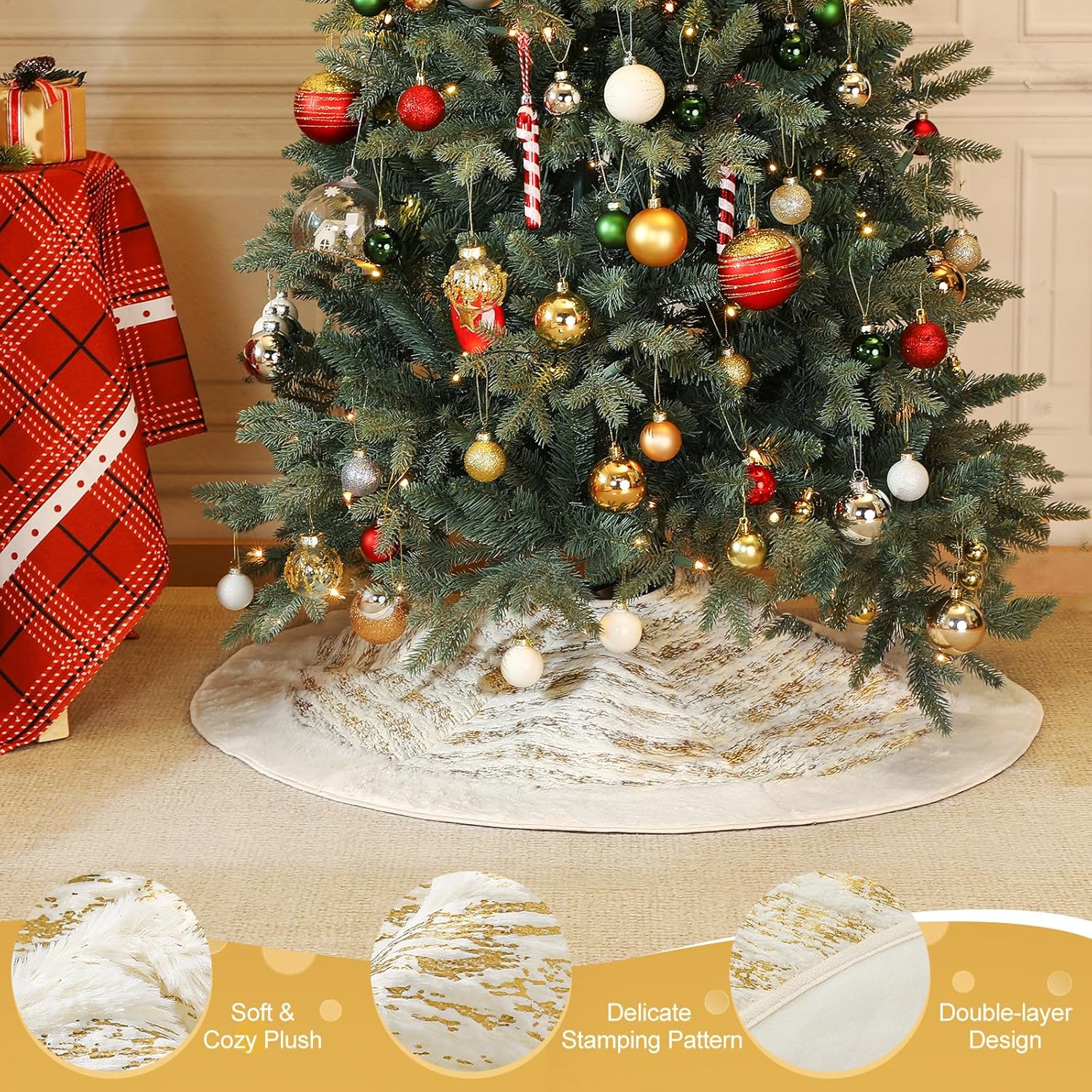 Christmas Tree Skirt, 48in Tree Skirt for Christmas, Golden Christmas Tree Base Mat, Soft Christmas Tree Rug, Plush Xmas Trees Decoration for Holiday, Home Decor, Party, Shop, Gold