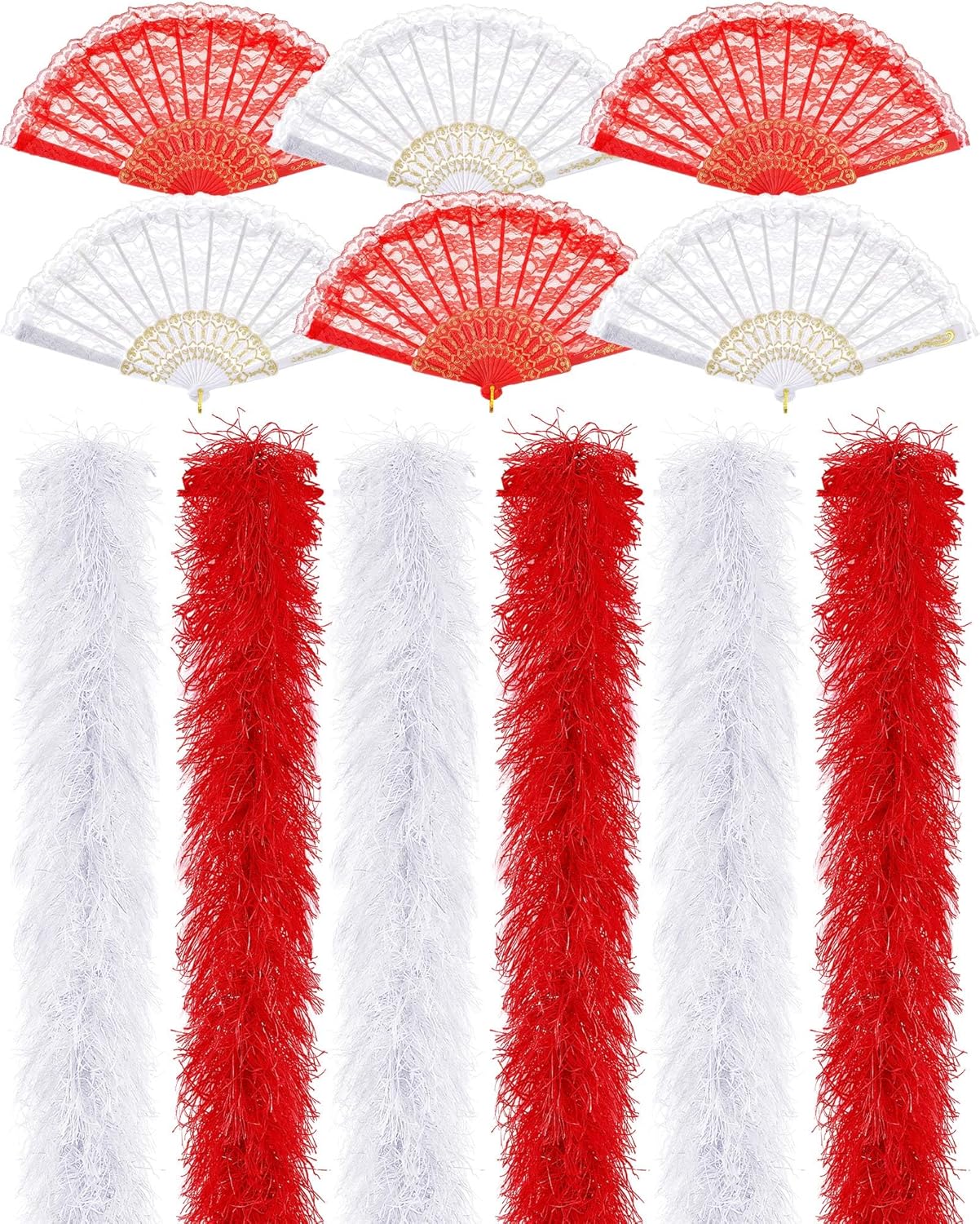 Taiyin 12 Pcs Feather Boa Artificial Fluffy Boa Bulk Lace Handheld Folding Fan Set 5.9 ft Wedding Bridal Shower 1920s Costume