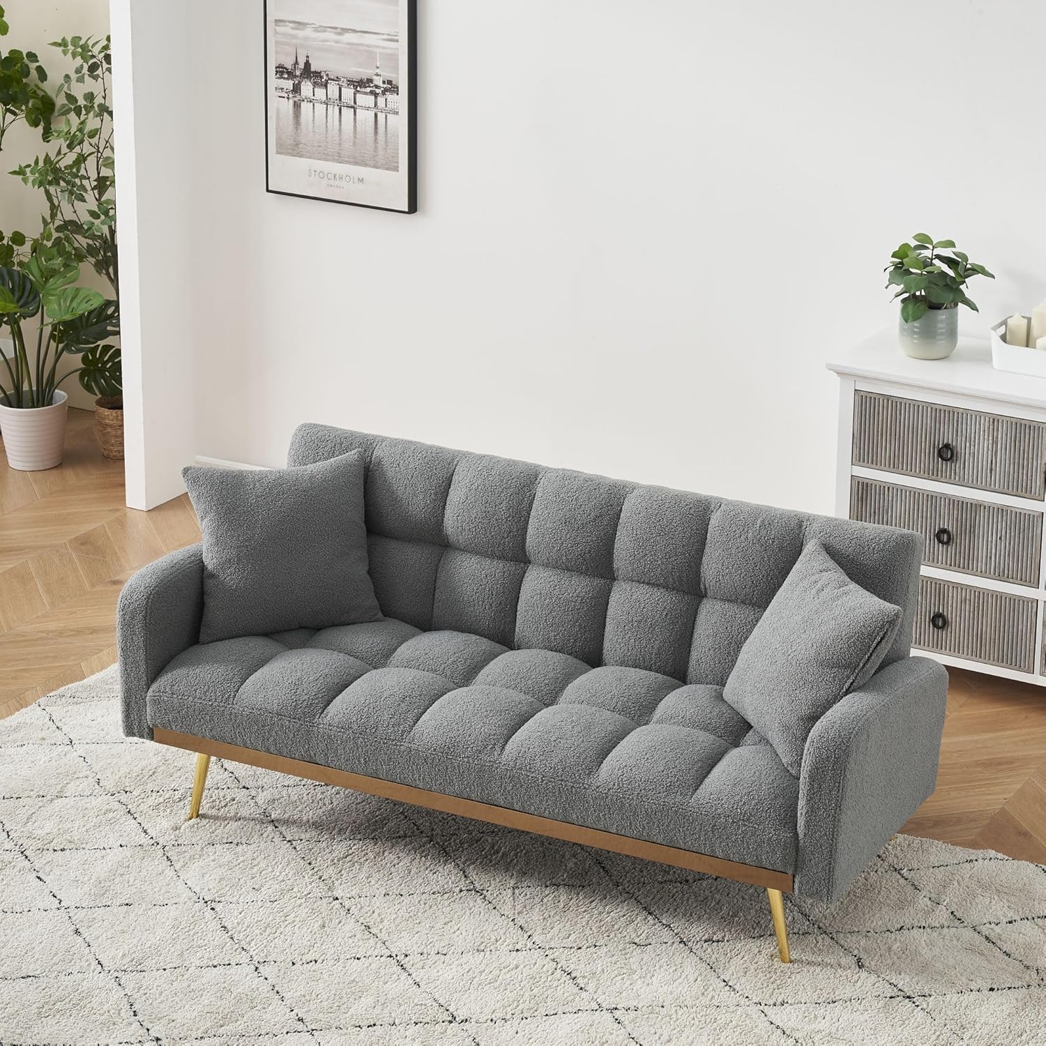 69" W Convertible Folding Futon Sofa Bed with Elegant Golden Legs, Teddy Sleeper Cloud Couch with 2 Pillows, Comfy Loveseat Daybed with Adjustable Armrest for Living Room (Gray)