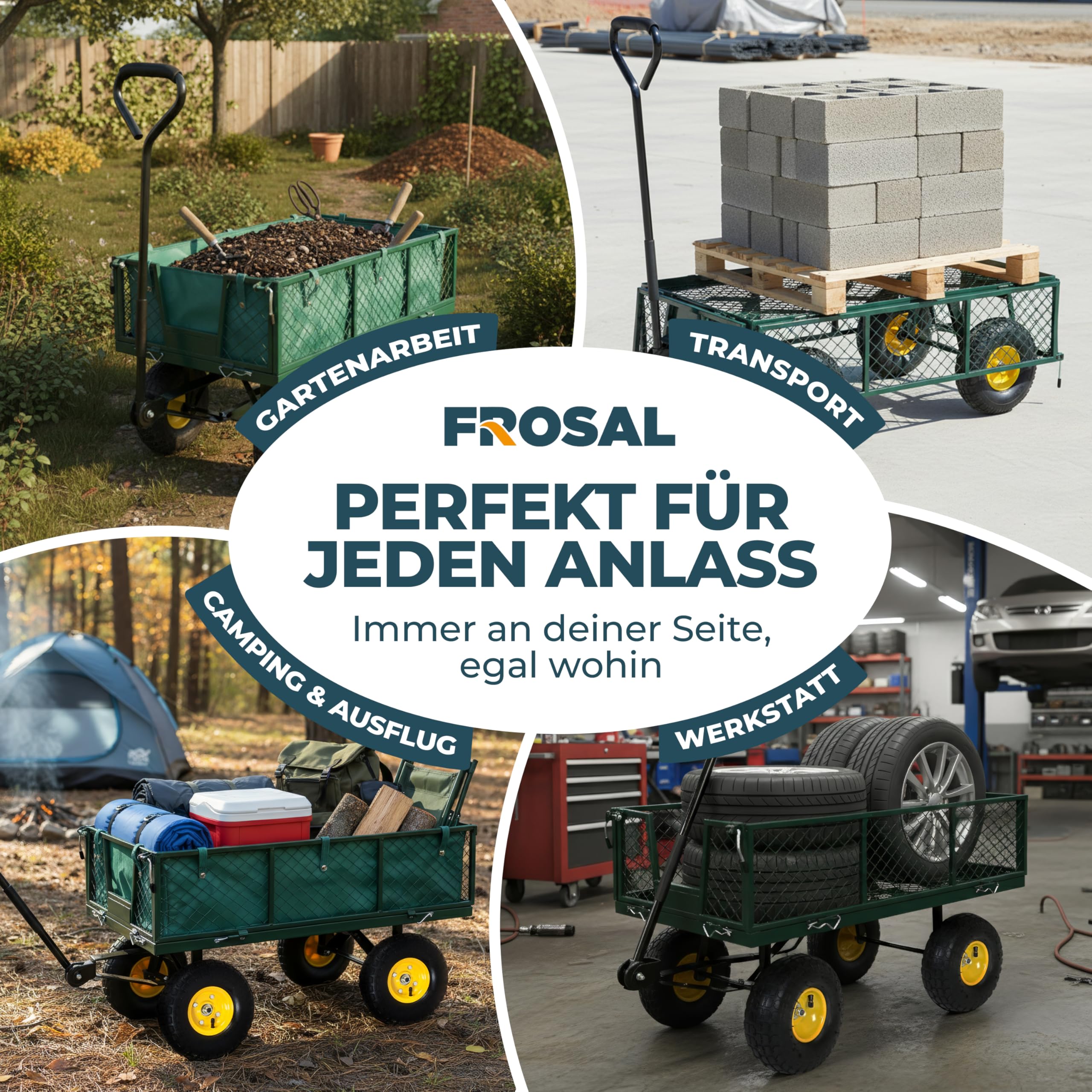 FROSAL Transportwagen Phil mit Lufträdern – Gartenwagen mit klappbaren Seitenwänden – Eigengewicht 19,5 kg – bis 350 kg Tragkraft – Maße 96,5×50,5×56,5 cm – Reifen Ø 26 cm – Stahlrahmen mit Innenplane