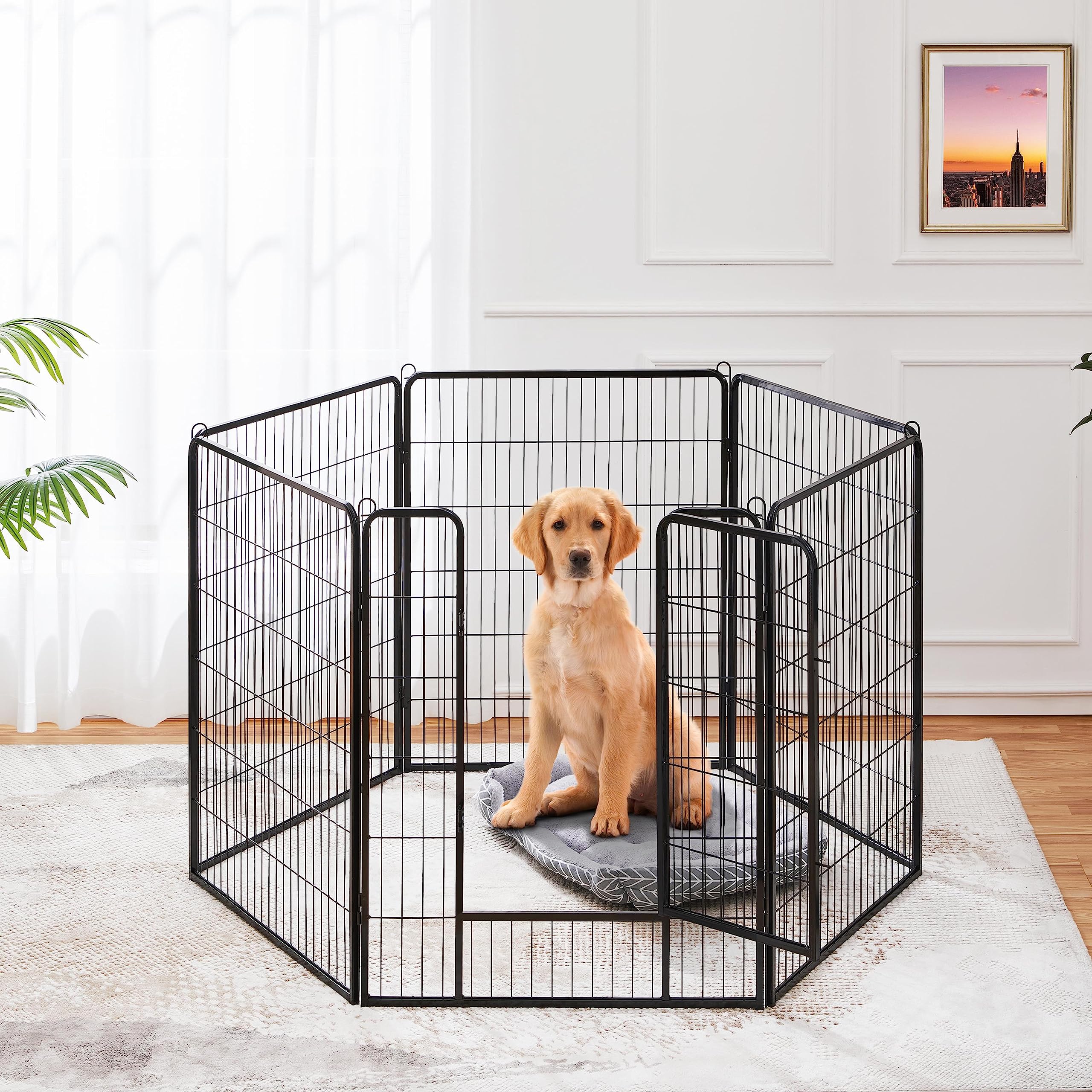 Yaheetech Welpenauslauf 100cm hoch, 6-teilige Hundelaufstall mit Tür, Automatische Verriegelung, Tierlaufstall für Hunde, Hasen & Kleintiere, Aufbau werkzeugfrei