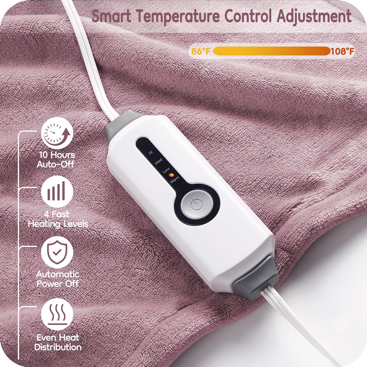 Electric Heated Blanket Twin Size 62"×84", Breathable & Luxurious Flannel,Soft Warm Gift with Over-Heat Protection, 4 Heating Levels & 10 H Auto Shut Off, Machine Washable, Purple - Image 3
