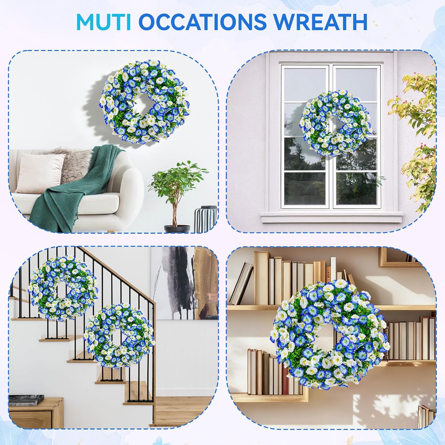 20 Inch Spring Summer Wreaths for Front Door, Artificial Fake Flowers Silk Floral Wreaths with Faux Plants Green Eucalyptus Leaves for Outdoors Farmhouse Wall Wedding (Blue and White, 17.5“)