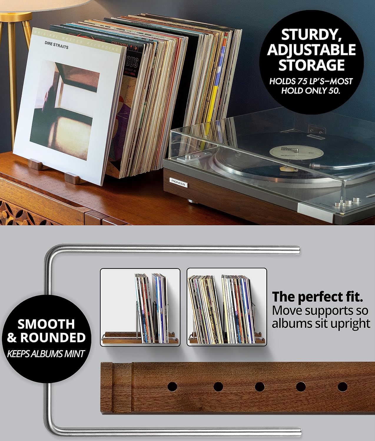 Optage Audio Durable Vinyl Record Storage Holder for 75 LPs, Solid Walnut Record Stand with Built-in Now Playing Display, Sleek Vinyl Record Holder Stand & Display for Album