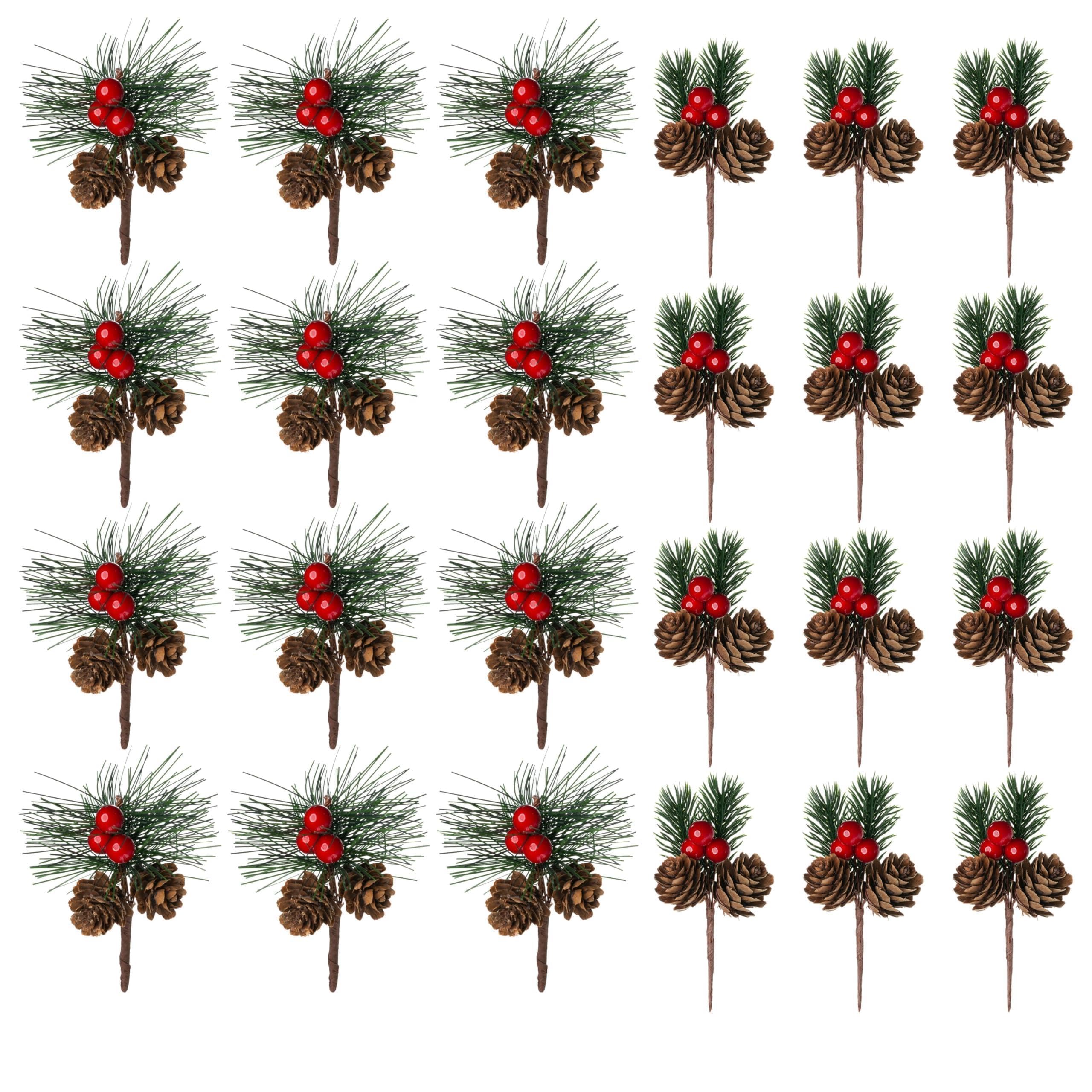 Künstliche Tannenzapfen mit Tannennadeln, Zweigen und roten Beerenstielen – 8,9 cm kleine künstliche Beeren, Tannenzapfen zum Basteln, für Weihnachtsbaum, Weihnachtskranz, Dekoration, 24 Stück