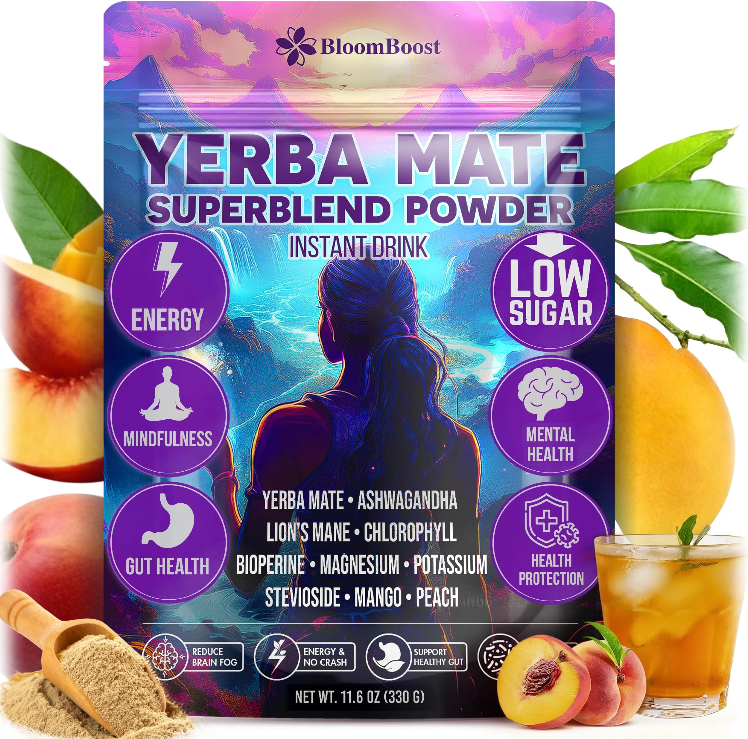 Yerba Mate Instant Tea Powder for Clean Energy & Mental Focus with Lion’s Mane & Ashwagandha, Sugar-Free Superfood Blend – Peach Mango Flavor, 30 Servings (11.6 Oz/330g)