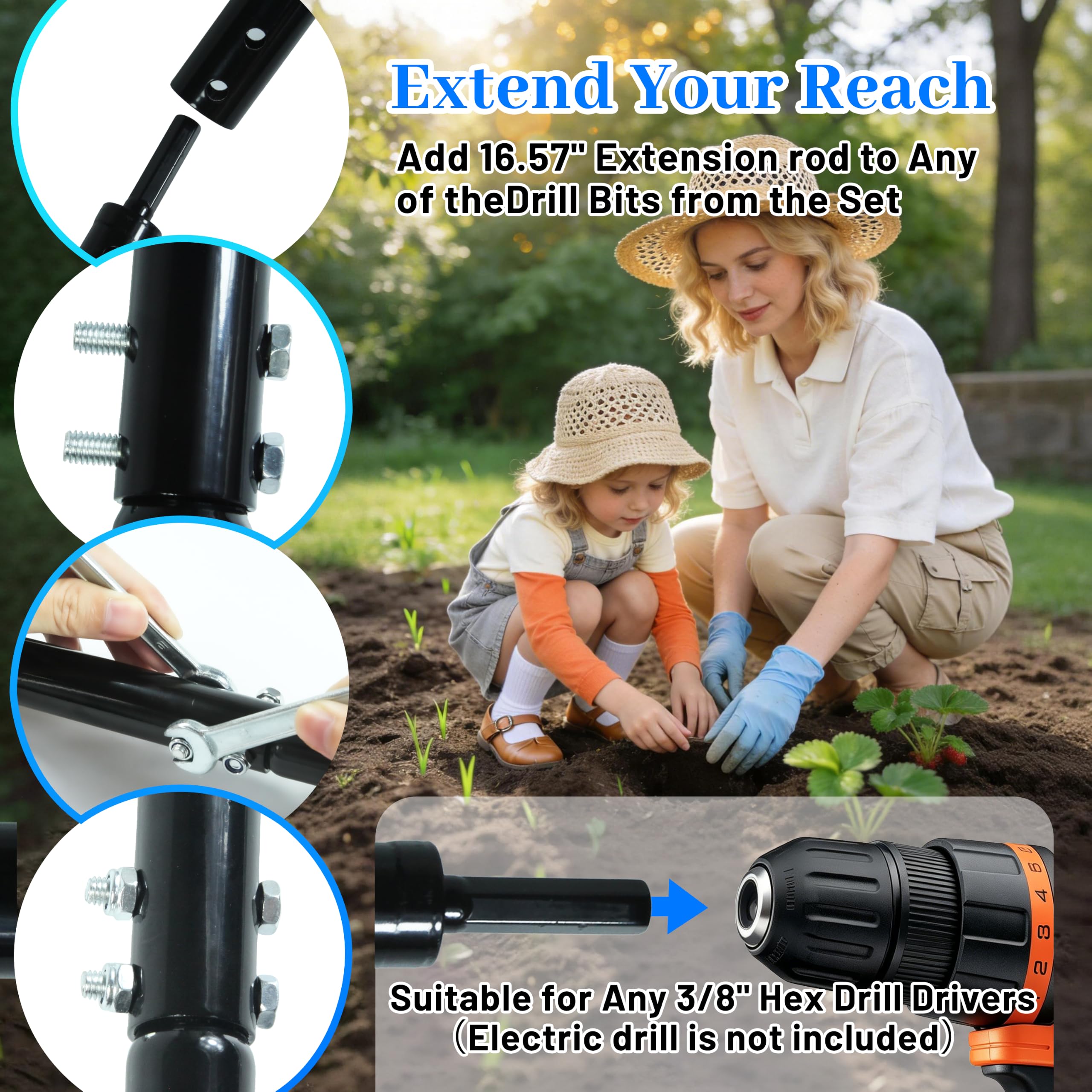 Planting Auger Drill Bit with Extension, 3/8" Hex Drive Gard -3
