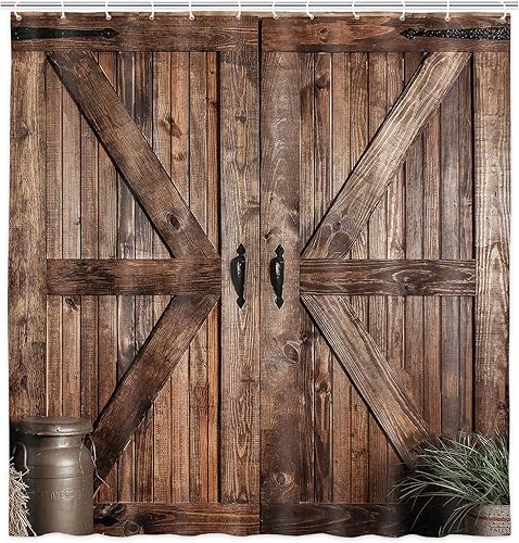 Miniatura 2 de Cortina de ducha rústica para puerta de granero para baño, tablero de madera retro campestre, juego de cortinas de decoración de baño, cortinas de