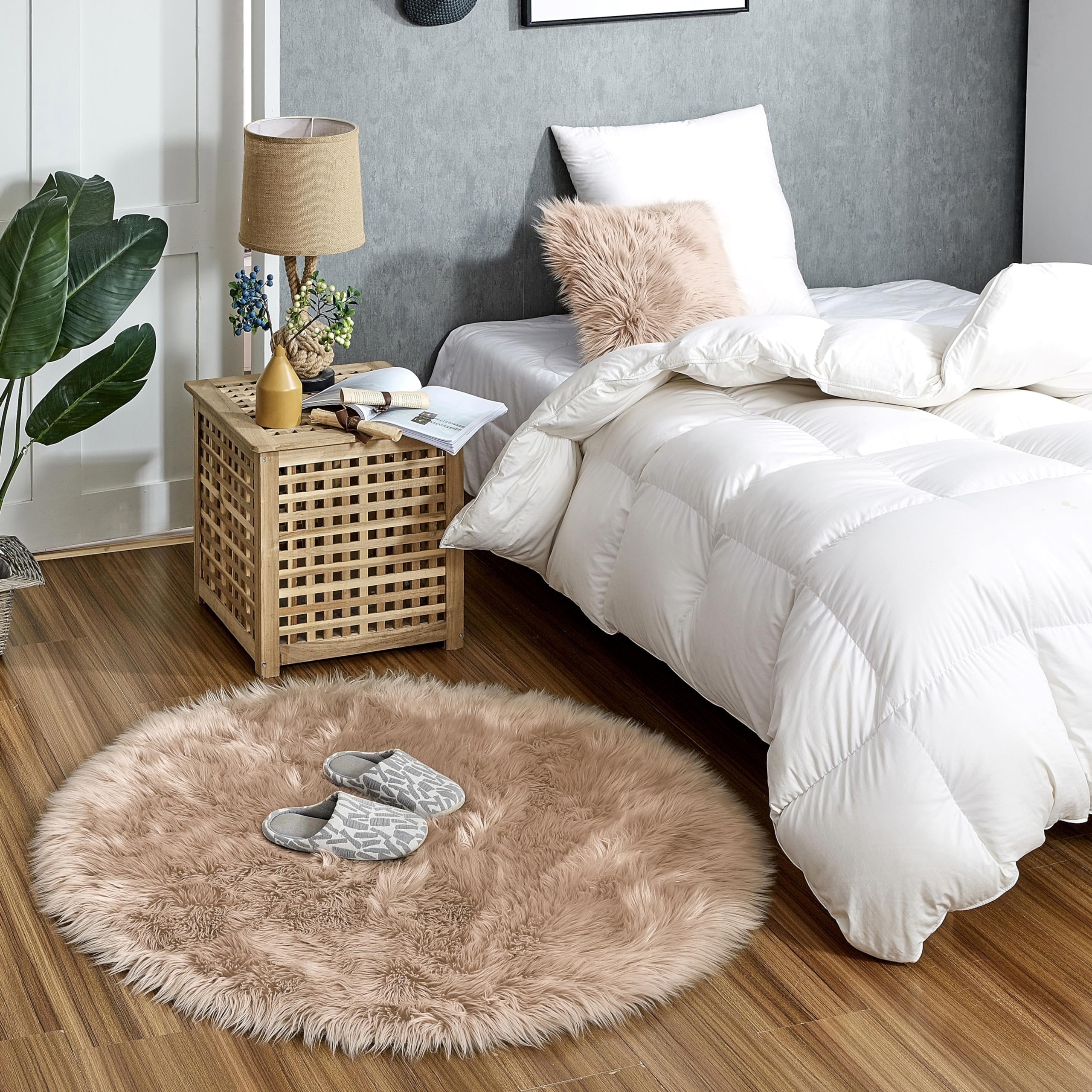 Tappeto in Pelle D'agnello, Imitazione Della Pelliccia - Soggiorno Camera Da Letto - Tappeto Da Letto Lavabile, Cuscino Di Seduta, Pelliccia Per Sedia, Divano - Beige - 120 cm Rotondo