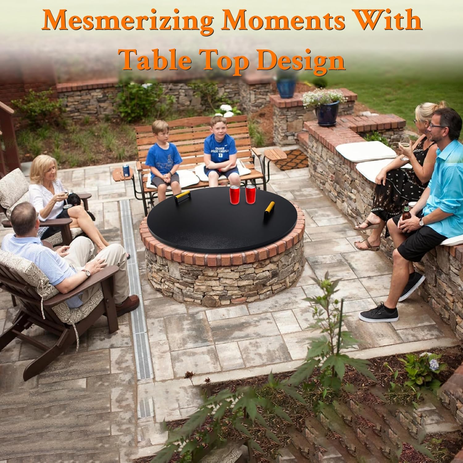 Febtech - FirePit Lid 38" - Rust Resistant Powder Coated 16 Gauge Thick Carbon Steel Fire Pit Cover Round with 2 Ergonomic Wooden Handles - Compatible for Fire Pit Inside Dia Up to 36"