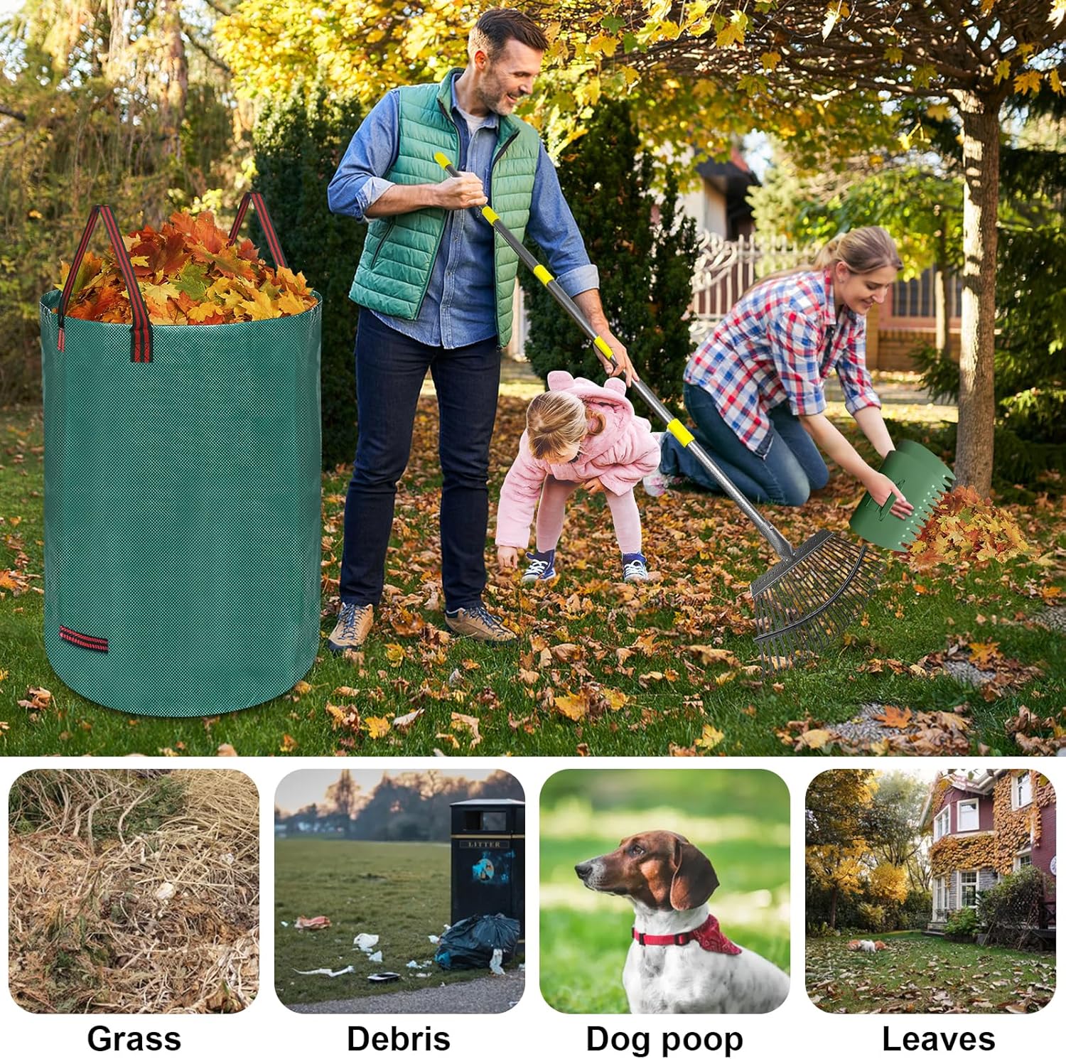 Adjustable Metal Leaf Rake Set, 38-73" Handle, 19" Wide with Gallon Leaf Bags & Leaf Grabbers – Heavy Duty Garden Rake for Lawns, Shrubs, Grass, Flower Beds & Outdoor Use