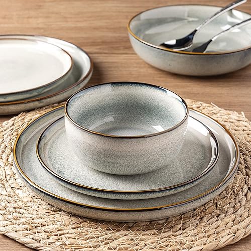Miniatura 4 de GBHOME Juego de vajilla de cerámica para 4, juego de 12 platos y cuencos de cerámica, platos esmaltados reactivos, resistentes a los arañazos, aptos