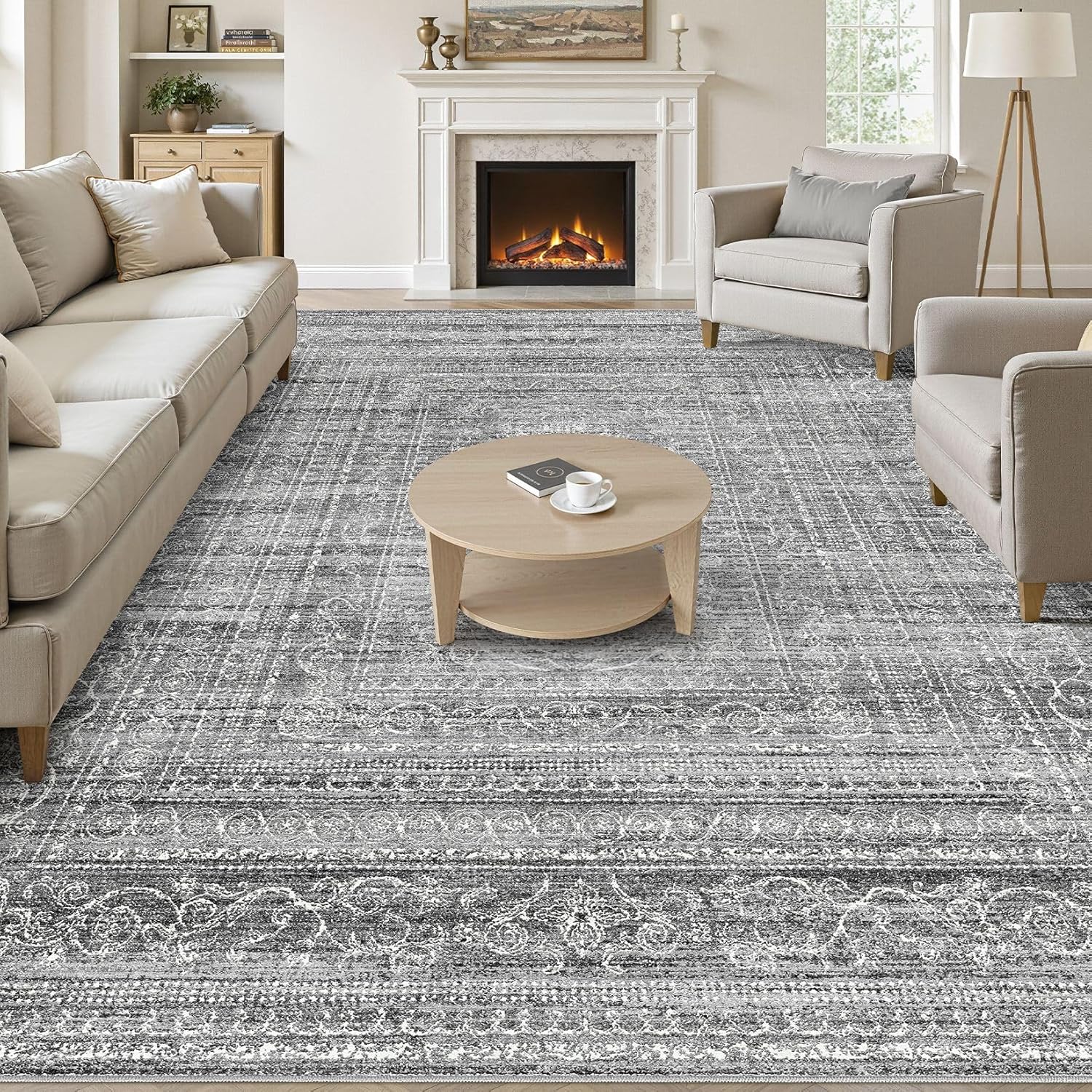 5x7 Area Rugs Living Room: Washable Large Neutral Soft Rug Farmhouse Stain Resistant Indoor Non-Slip Floor Carpet for Bedroom Nursery Kids Playroom Office Dining Room Dorm- Gray