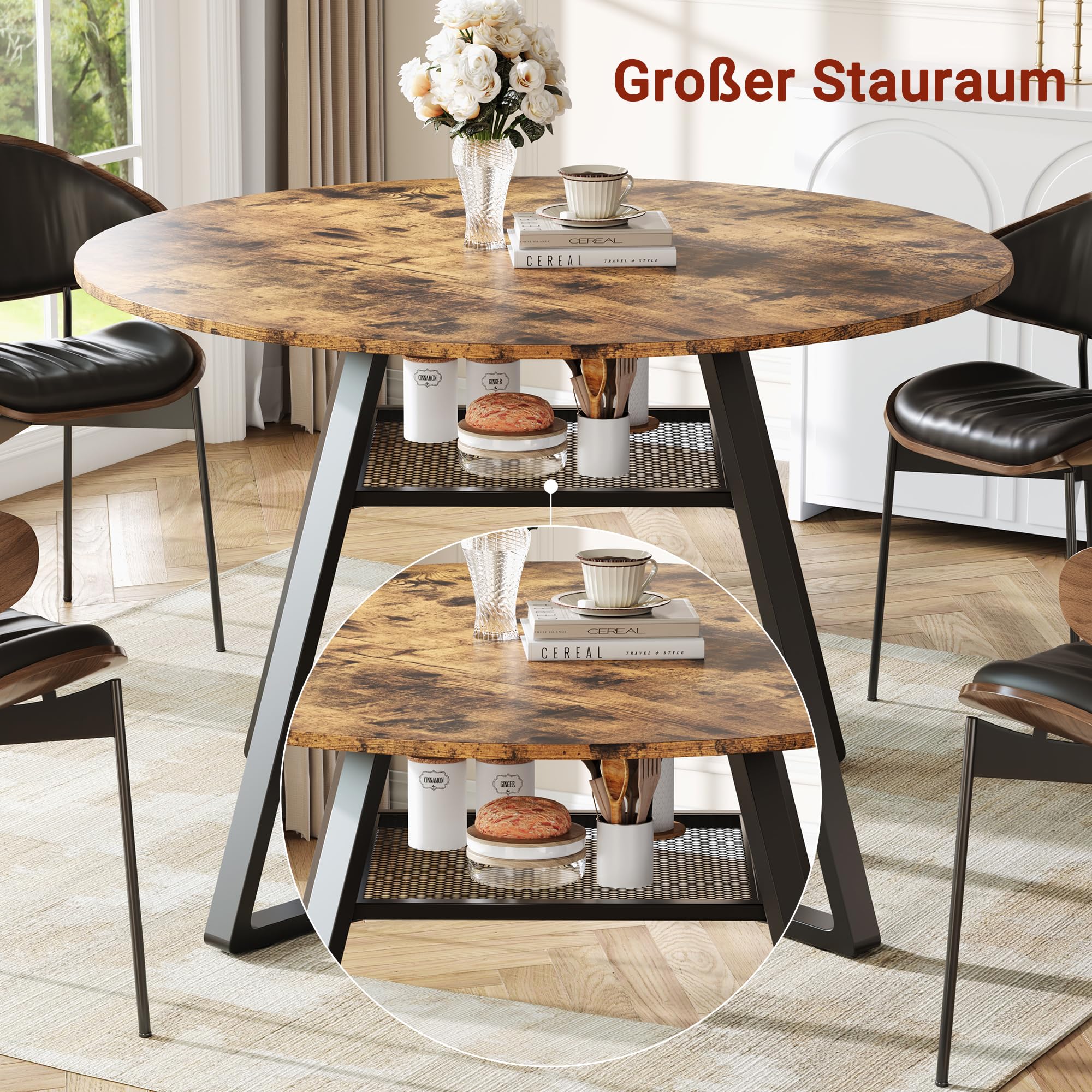 Table à manger ronde en bois pour 4 à 6 personnes, 120 cm, avec 1 étagère ouverte pour salle à manger, cuisine, salon, foncé + kaki (120 × 75 m)