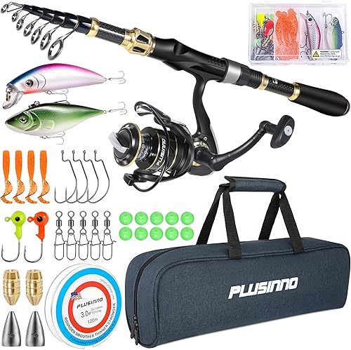 PLUSINNO Fishing Rod and Reel Combo,Fishing Pole,Telescopic Fishing Rod Kit with Spinning Reel, Telescopic Fishing Pole with Carrier Bag for Kit