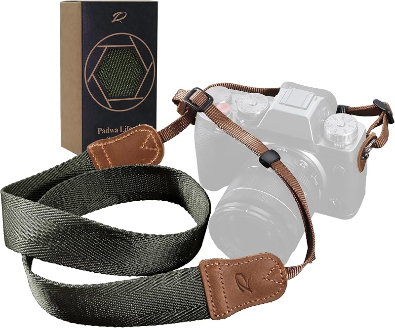 Correa para cámara verde oliva, extremos de piel de vaca de grano superior de doble capa, correa para cámara tejida de algodón puro de 1,5" de ancho, correa universal ajustable para cuello y hombro para todas las cámaras DSLR, gran regalo para fotógrafos