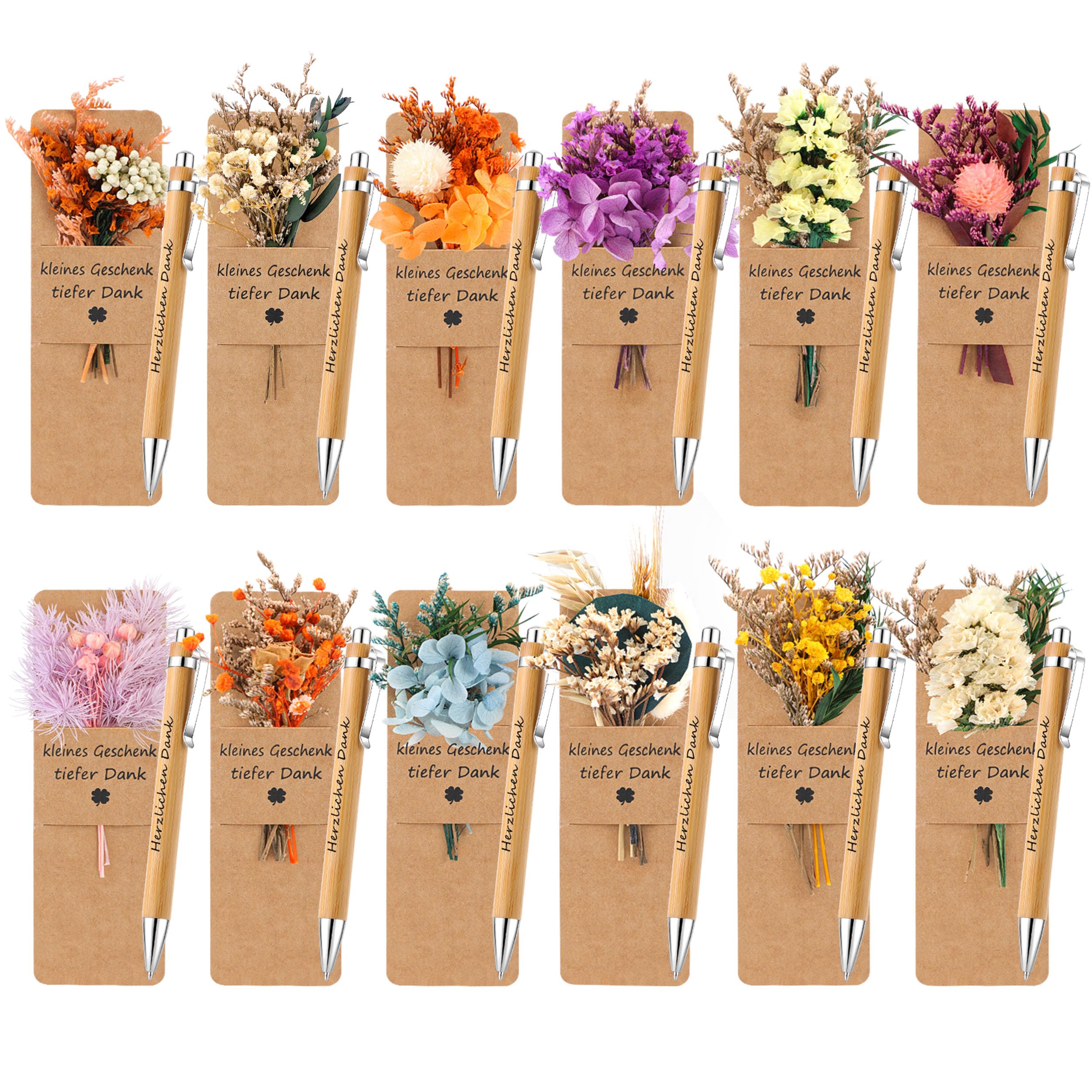 ZJTAPE 12 Sets Kleines Dankeschön Geschenke - Holz Kugelschreiber mit Trockenblumenstrau, Danke für Alles Danke Lesezeichen für Abschiedsgeschenk Lehrerin Erzieherin Kollegen Freund Hochzeit