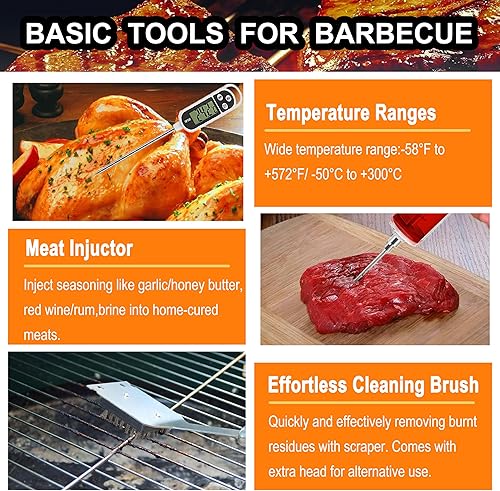 Miniatura 5 de grilljoy Juego de 24 herramientas para parrilla de barbacoa con termómetro de carne e inyector, tenedor de acero inoxidable extragrueso, espátula y