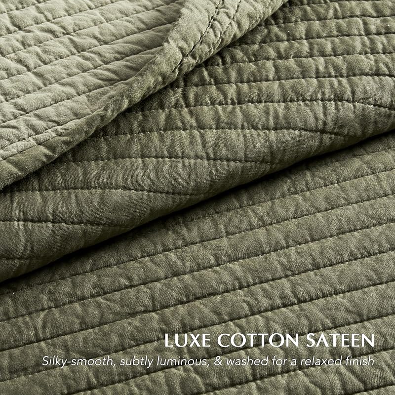 EVERGRACEHOME Cotton Sateen Quilt Set, Queen Size, Olive Green image 4