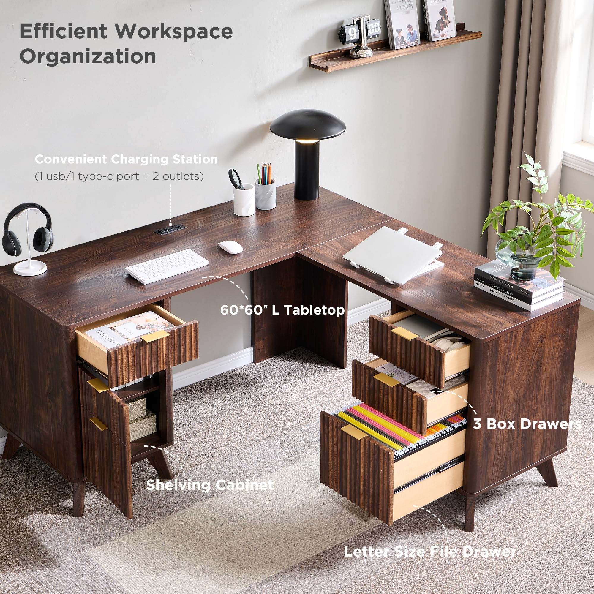 T4TREAM 60'' Fluted Executive L Shaped Desk, Modern Home Office Desk with Charging Station and File Drawer, Computer Corner Desks with Drawers & Storage Cabinet for Office Home, Bedroom, Natural Oak: Dark Walnut