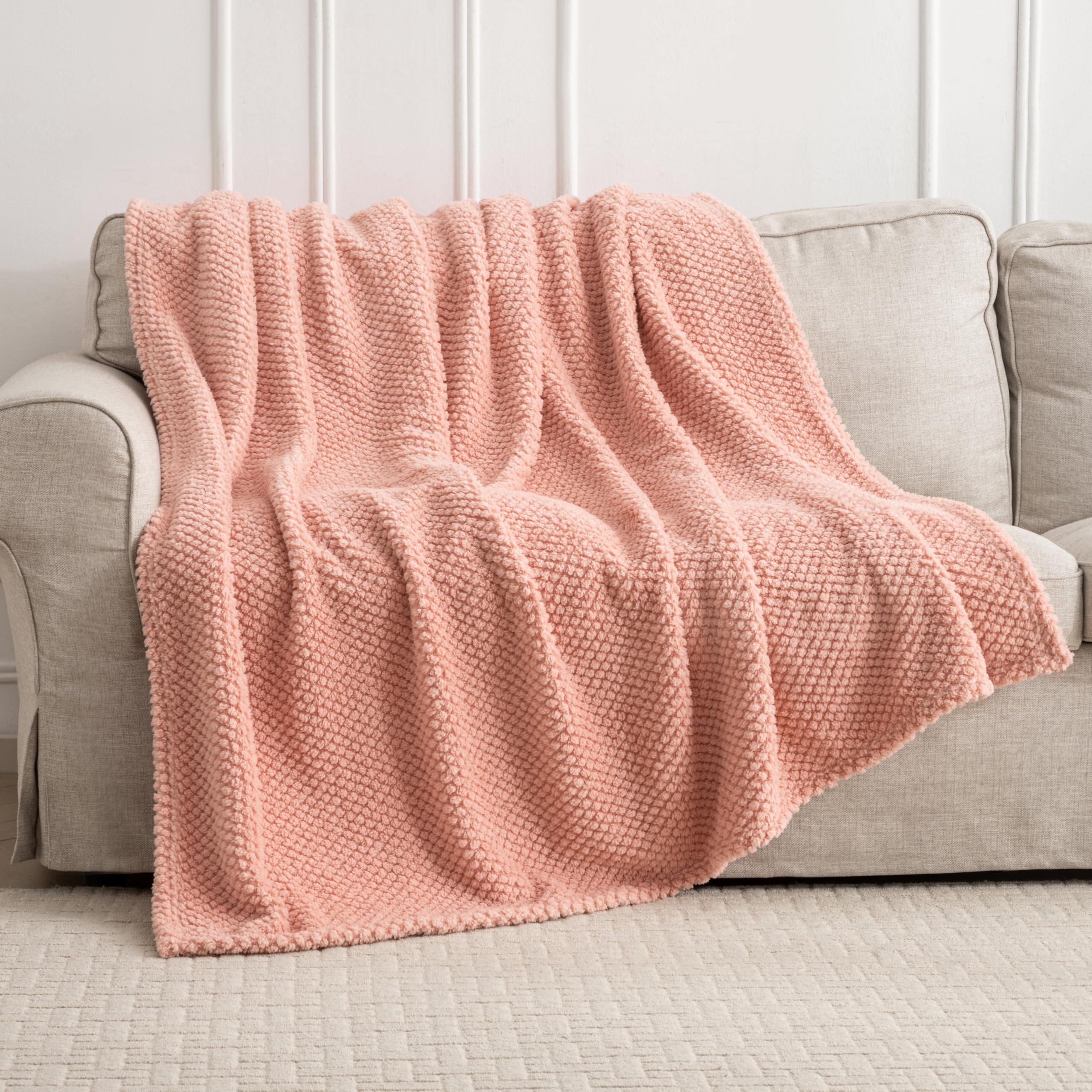 Pink 300GSM Twin Blanket for Couch Or Bed 60x80, Waffle Cozy Soft Blanket for Girl Cute Room Decor Lightweight Fluffy Throws for All Seasons