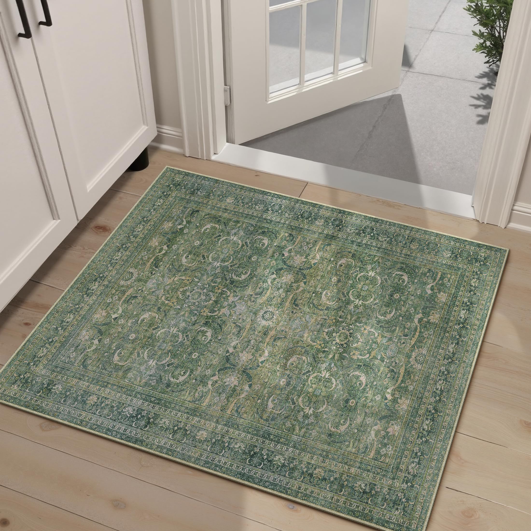 HUGEAR Area Rug 8x10 Vintage Green Machine Washable Living Room Rugs Distressed Retro Floral Vacuumable Low Pile Carpet Bedroom Office Dining Room Laundry Room Non Slip Soft Lightweight