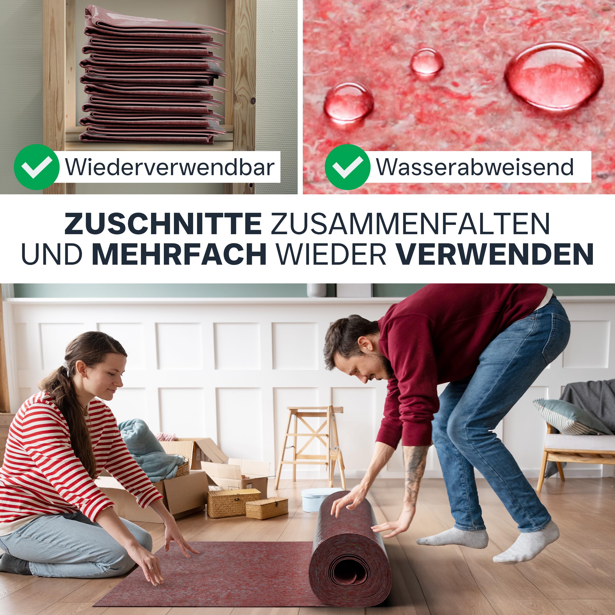 Malervlies 1 x 50 m – 210 g/m² saugstarkes Abdeckvlies in Profiqualität I Renoviervlies/Malerfilz rot I Schutzvlies, Bauvlies, Glattvlies & Anstrichvlies für Malerarbeiten I 50 m² Bodenabdeckung