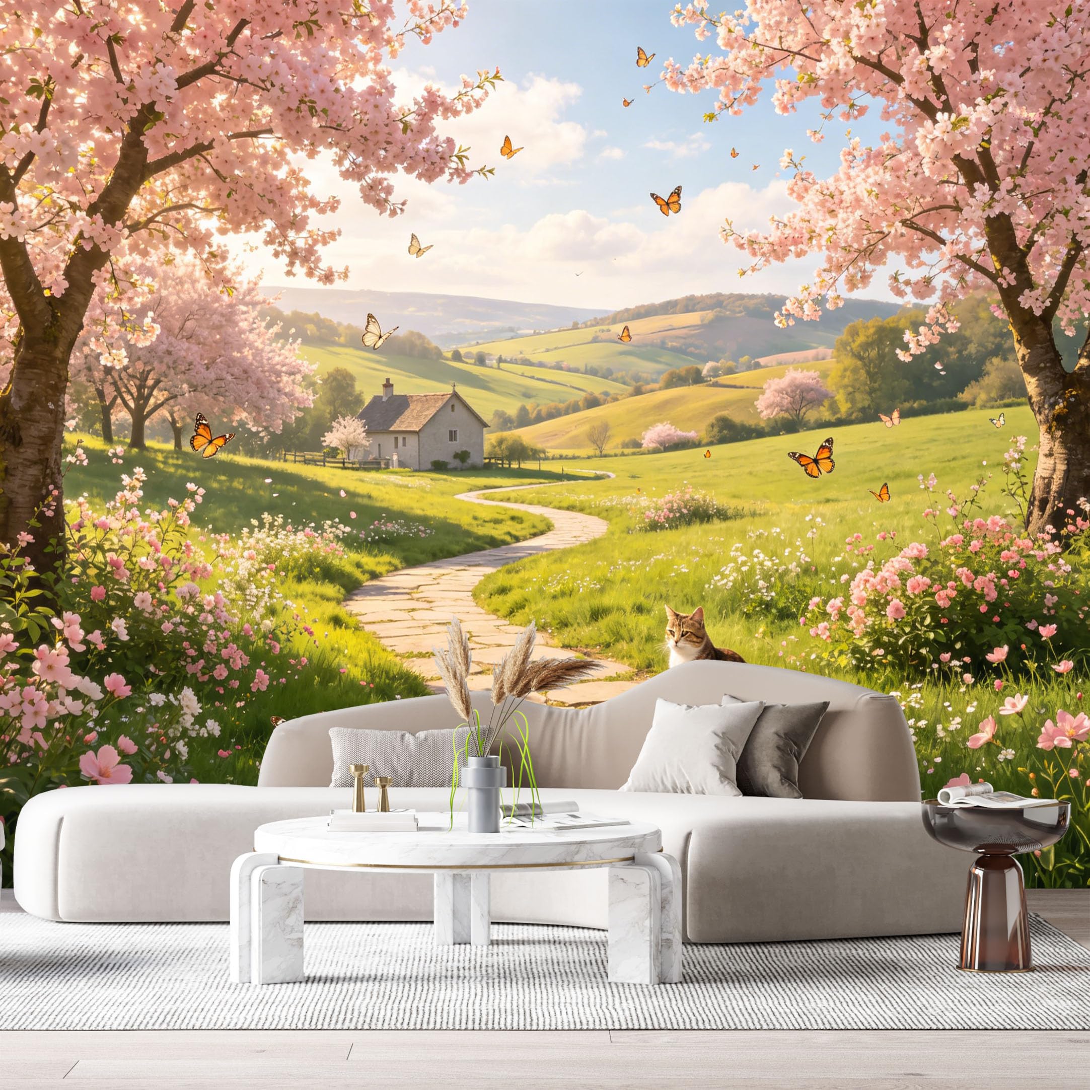 Custom Size Wall Murals Botanical Landscape Cherry Blossom Trees Butterflies Cottage Stone Path Cat SelfAdhesive Wall Fabric Removable Large Wallpaper for Photo Living Room