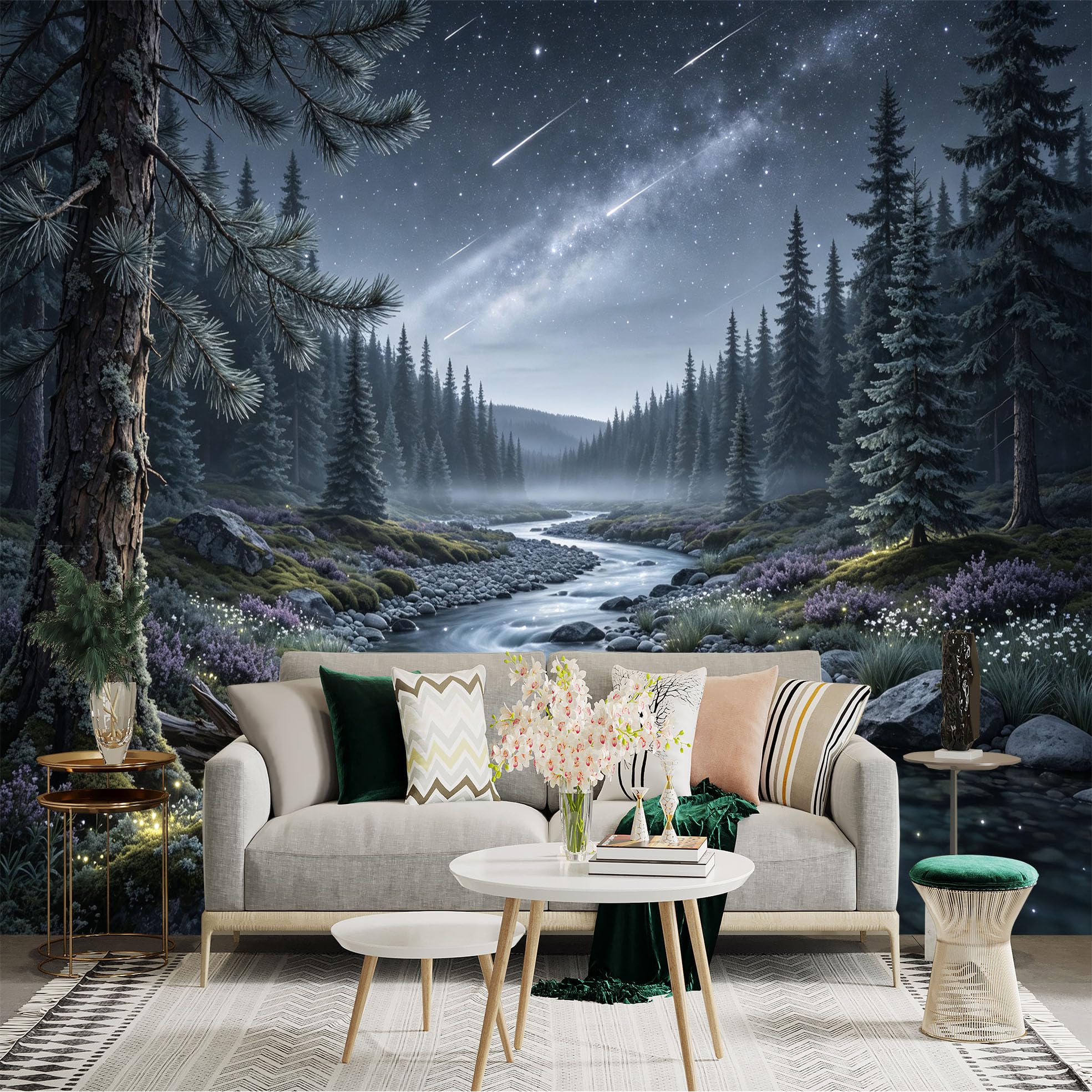 Lnzczhyre Bh260719463 Custom Size Wall Sticker Mural， Milky Way Over River， Enchanted Woodland Scenery， Glowing Fireflies In Nature， For Wall Decoration， Peelandstick Wall Decals.