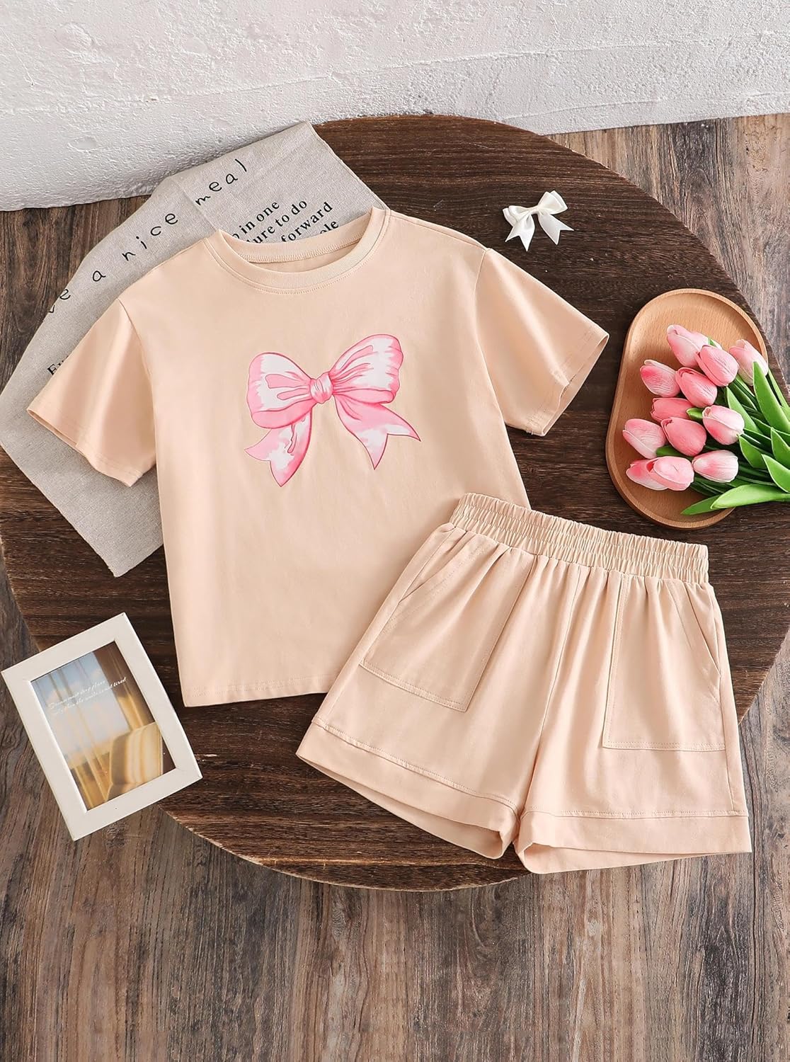 Girls 2 Piece Summer Outifts Graphic Short Sleeve Tops and Elastic Waist Shorts Set with Pocket - Image 2