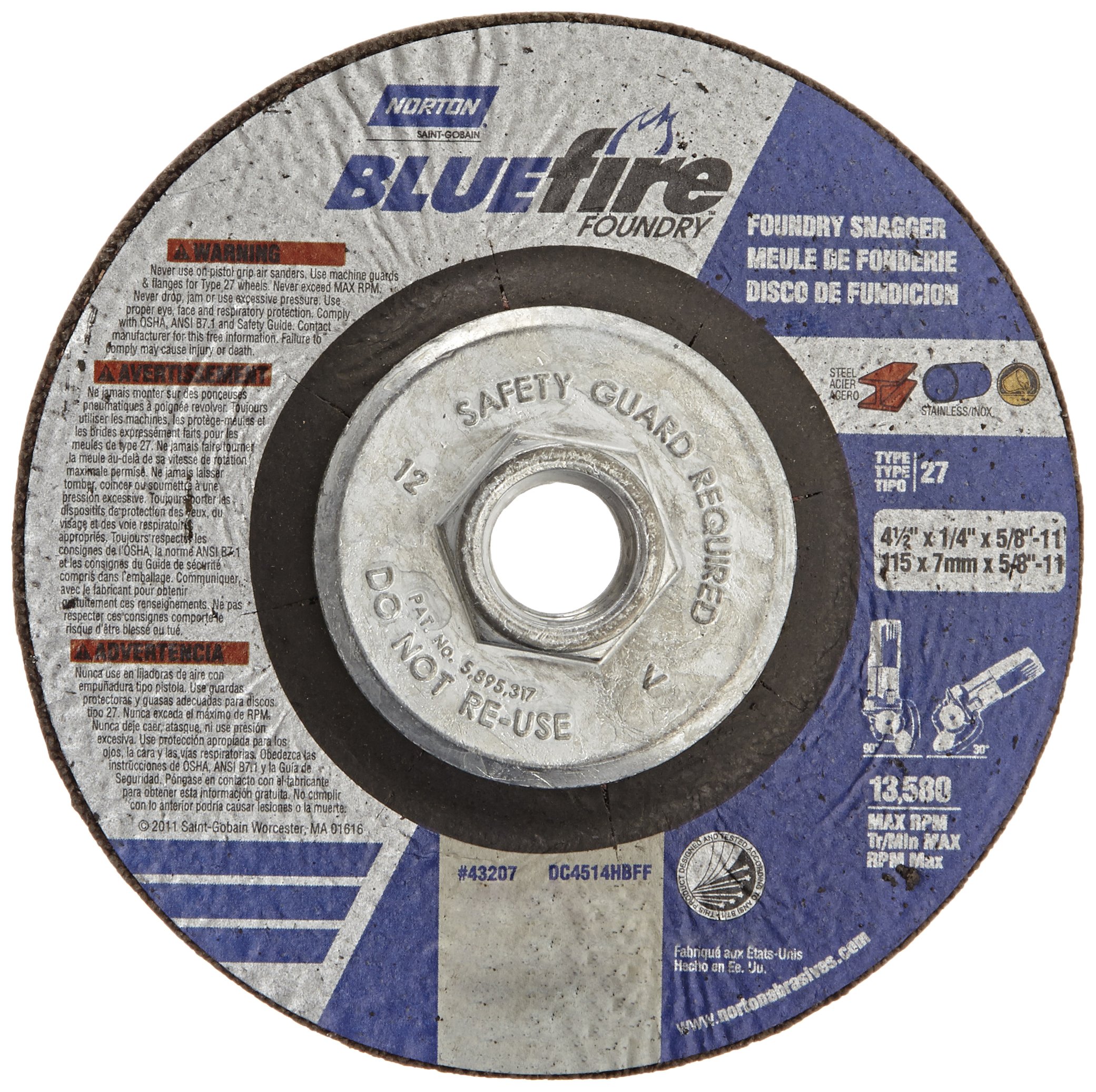Norton Blue Fire Plus Foundry Depressed Center Abrasive Wheel, Type 27, Zirconia Alumina and Silicon Carbide, 5/8"-11 Hub, 4-1/2" Diameter x 1/4" Thickness (Pack of 10)