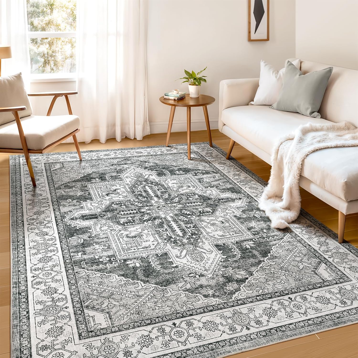 WITSHOCK Living Room Area Rugs 5x7: Washable Rug Boho Soft Non-Slip Low Pile Stain Resistant Foldable Carpet for Bedroom Playroom Dining Room Office Kitchen Farmhouse Home Decor Rug-Gray