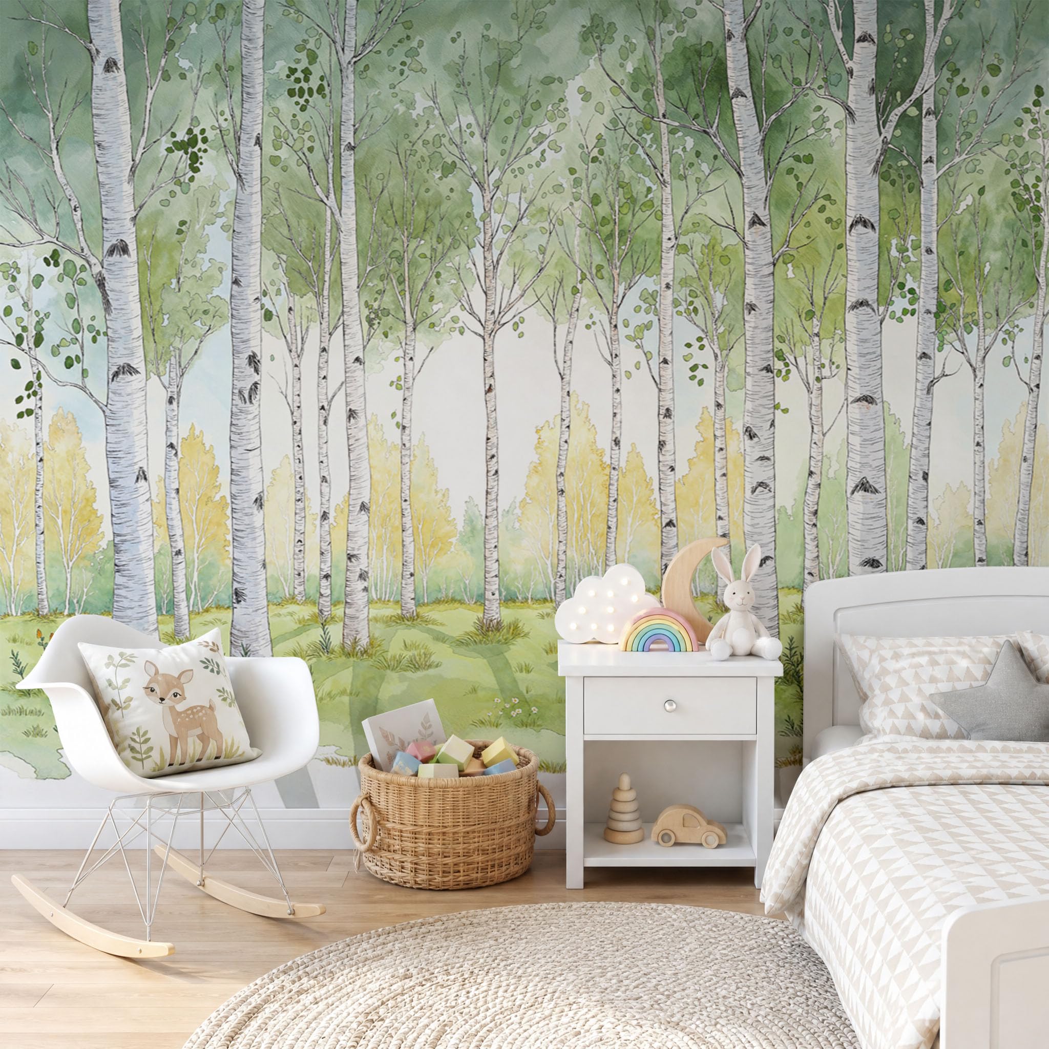 Papier peint forêt de bouleaux 3D pour agrandir un salon sombre ou étroit