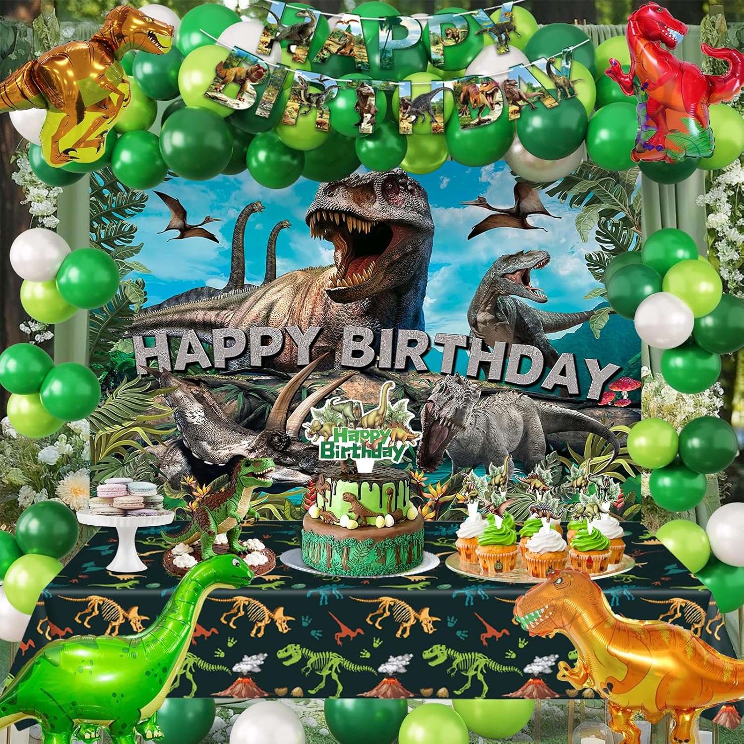 Dinosaur Birthday Party Decorations Kit for Boys - Dino Party Supplies with Tablecloth, Banner, Backdrop, Cake Topper, Balloons & Stickers for Kids