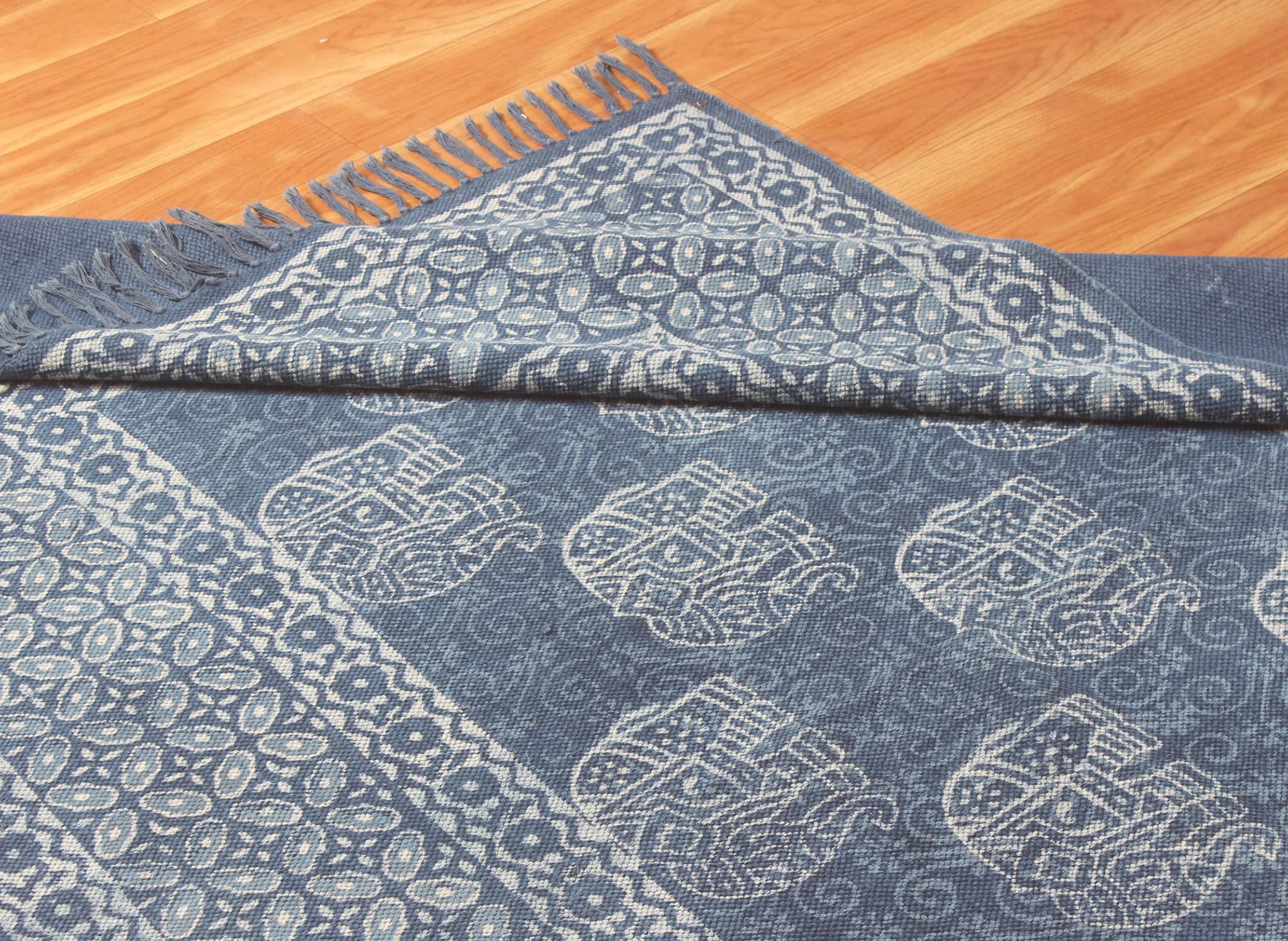 Tappeto Dhurrie Kilim realizzato a mano in cotone stampato Dabu blu indaco Tappeto per interni e soggiorno a trama piatta, adatto per camera da letto e bagno, 120 x 120 cm